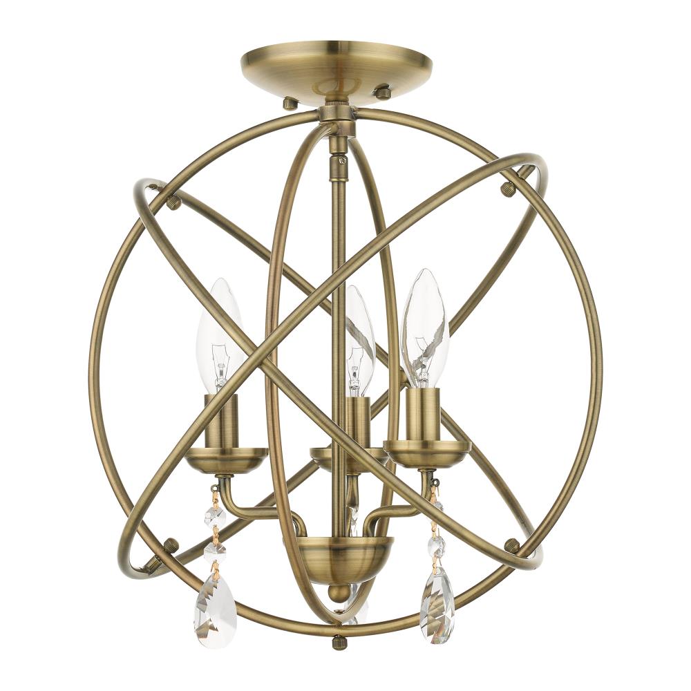 Antique Brass Mini 3-Light Chandelier with Teardrop Crystals