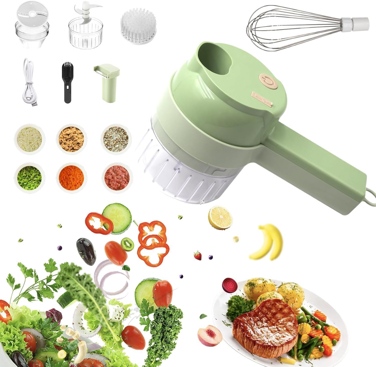 DHMHD Multi Functional Portable Wireless Vegetable Chopper 4 in 1 Electric Food Processor for Chopping Slicing Grating and Whipping with Cleaning