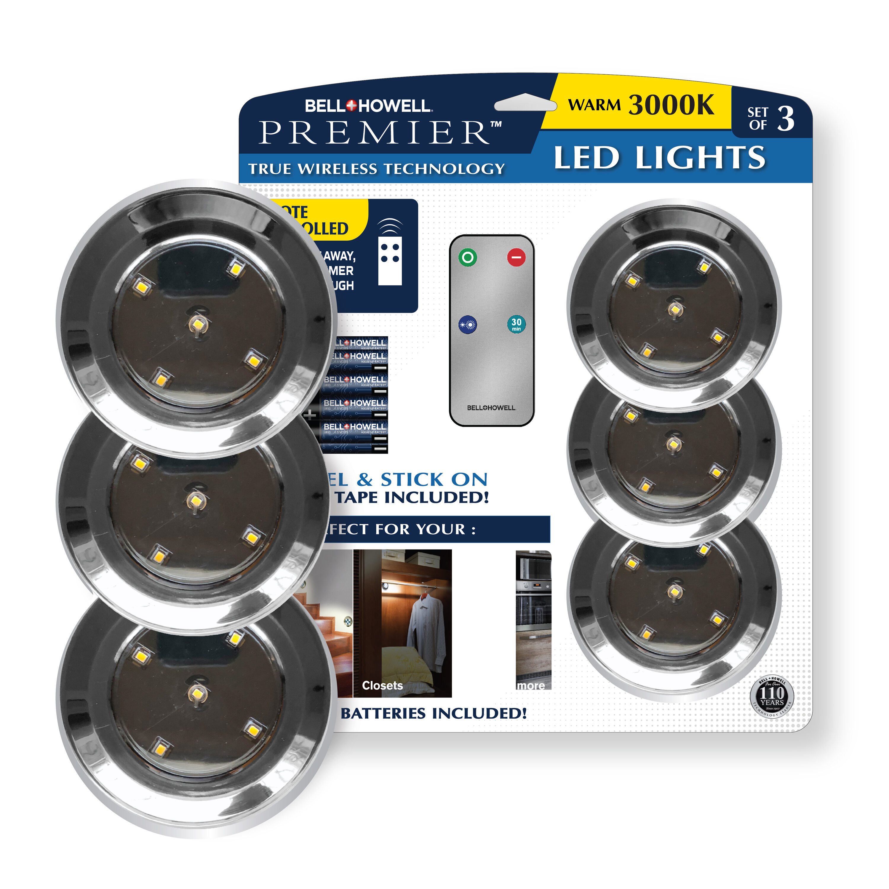 Bell+Howell Under Cabinet Lights with Remote Battery Pucks 3-Pack