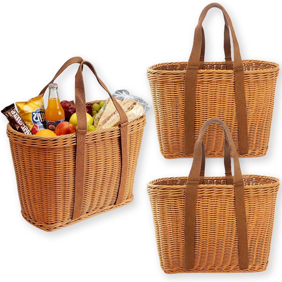 Yichuhaoxi  Plastic Wicker Picnic Basket Set Two Pieces Twelve by Eight and a Half by Six Inches Handwoven Lightweight Durable Market Basket with