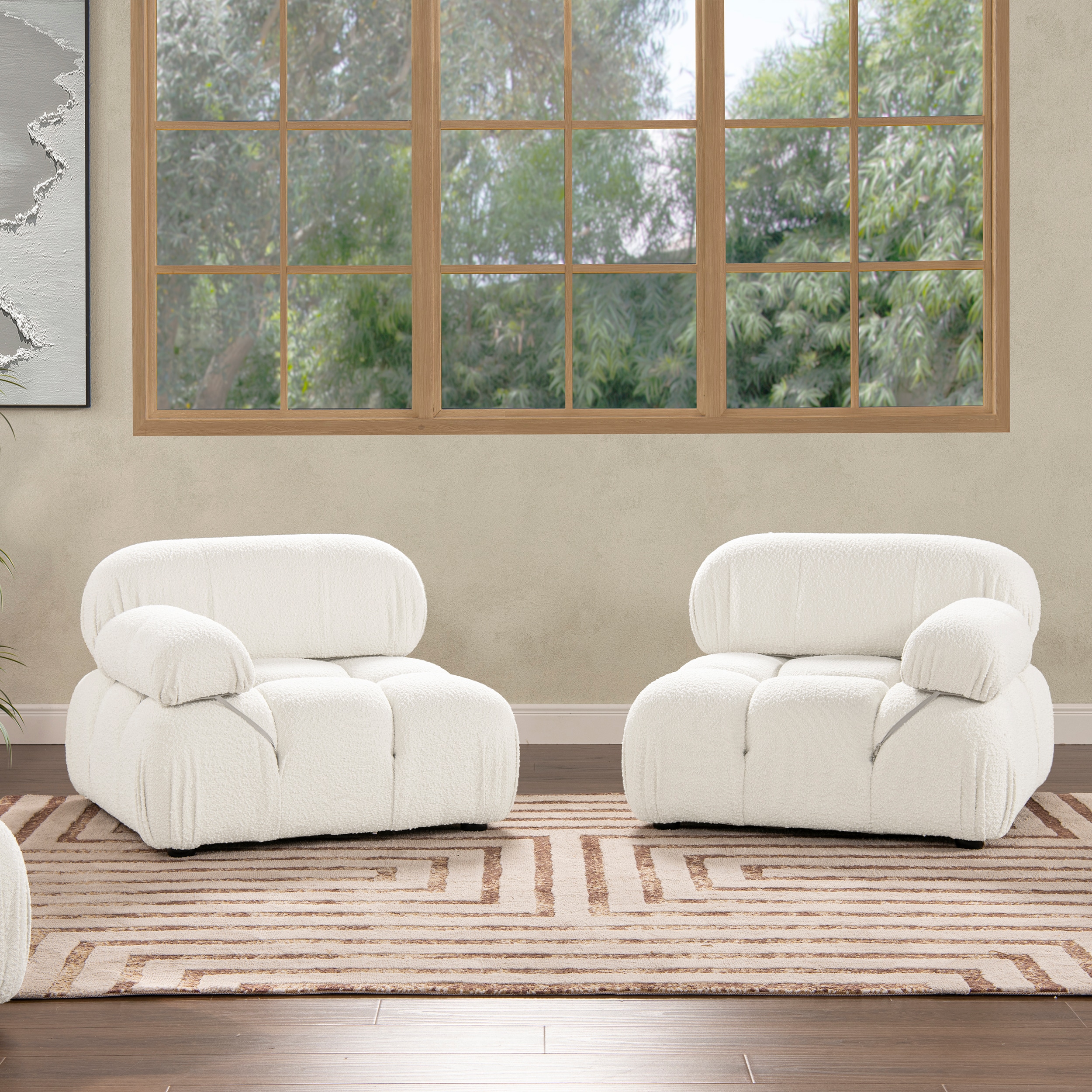 Ivory White Bouclé Modular Lounge Chair with Padded Arm