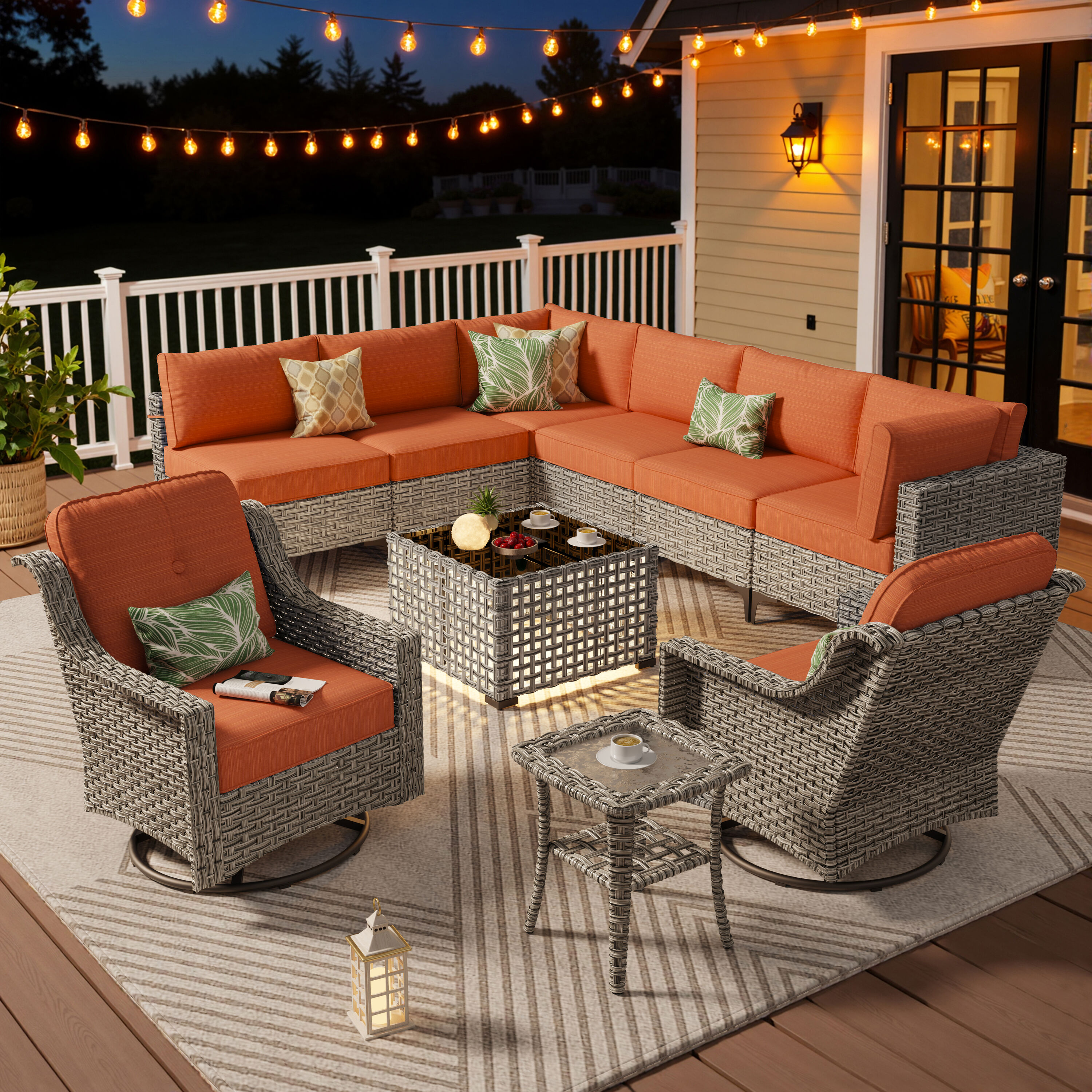 Ovios SK800YP 10 -Piece Wicker Patio Conversation Set with Orange Cushions