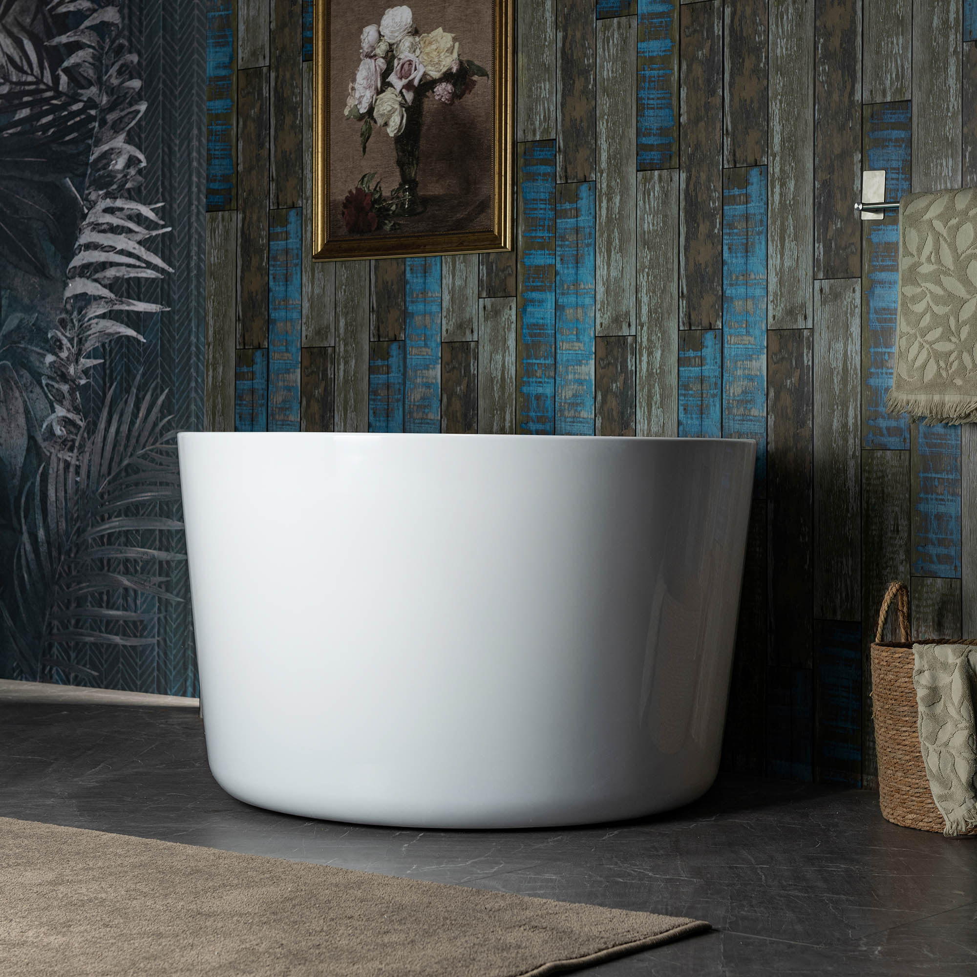 41'' Round White Acrylic Freestanding Bathtub with Matte Black Drain
