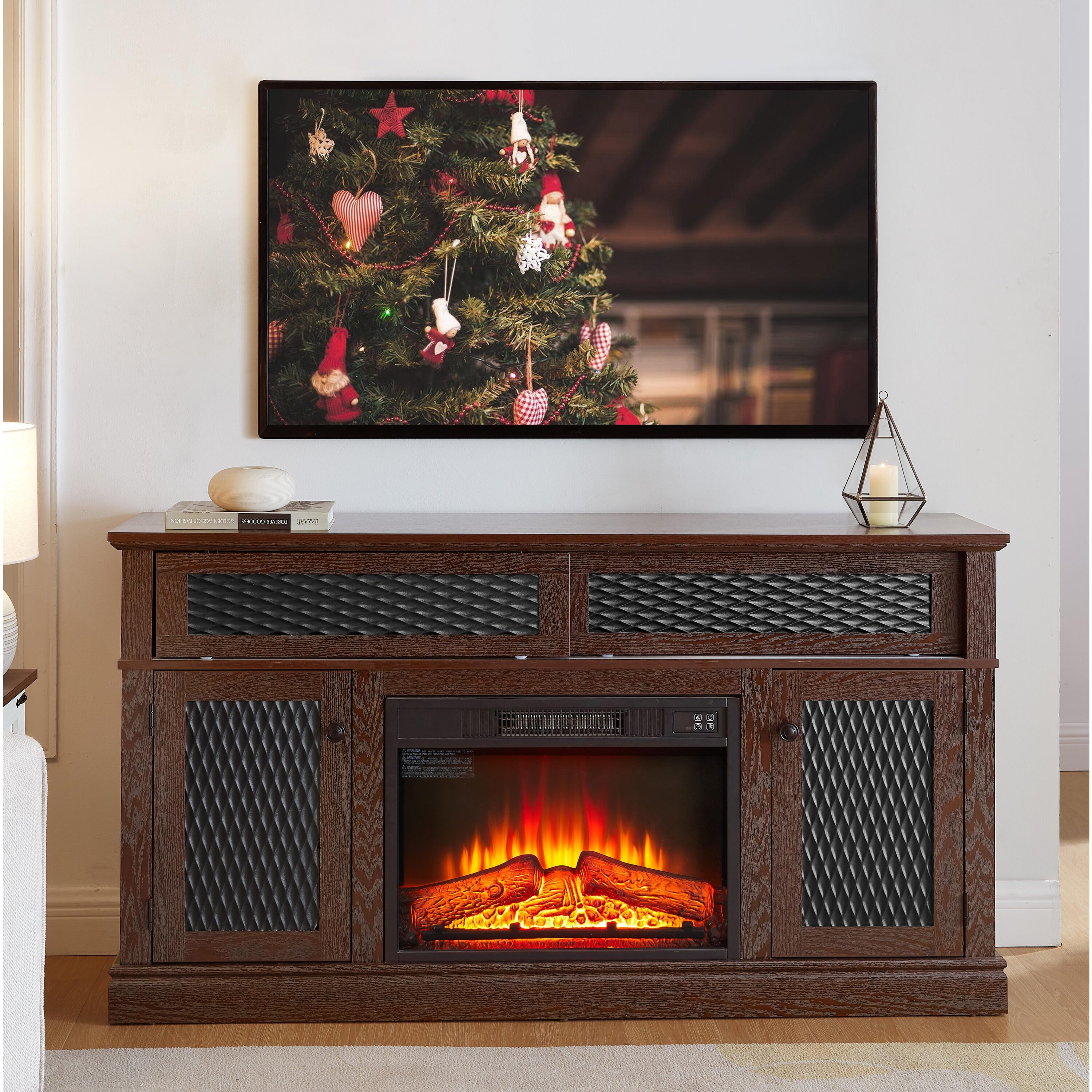 Bayfeve BFYL-175835-FP 58.27-in W Dark Cherry TV Stand with Fan-forced Flat wall Electric Fireplace with Remote Control Included
