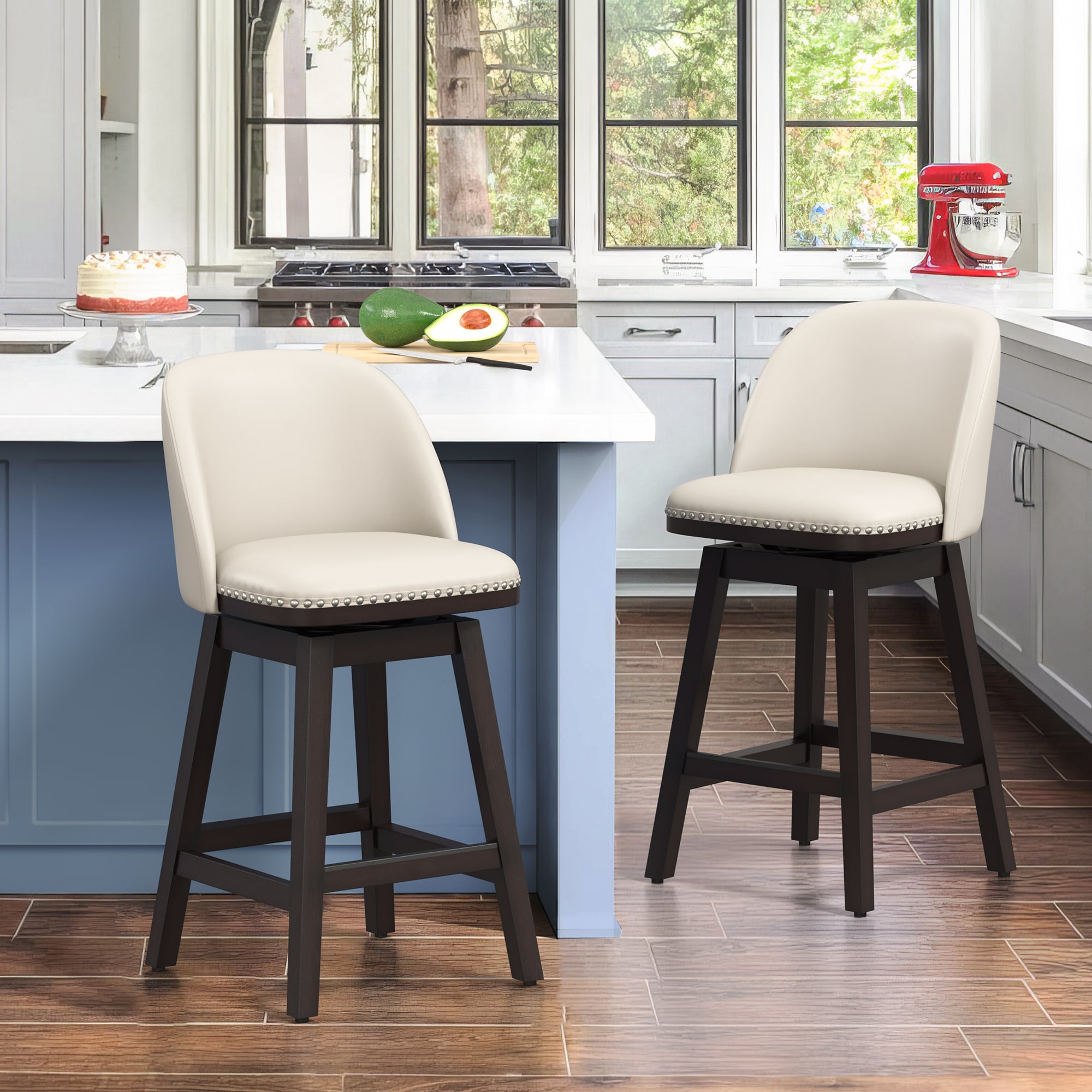 LUE BONA YB-009-07LS Set of 2 Ivory/Faux Leather 26-in H Counter height (24-in to 27-in) Square Seat Upholstered Swivel Wood Back Bar Stool Back