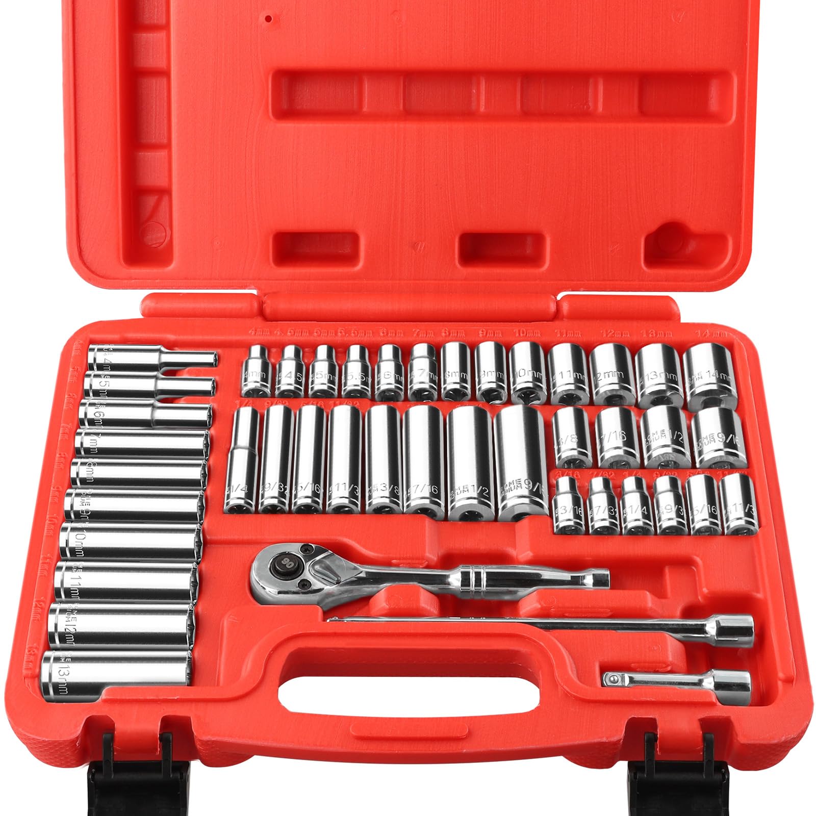 Linder Group Inc 44 Piece 1 Quarter Inch Drive SAE and Metric Socket Set with Shallow and Deep Sockets 90 Tooth Reversible Ratchet Wrench Extension Bars Chrome