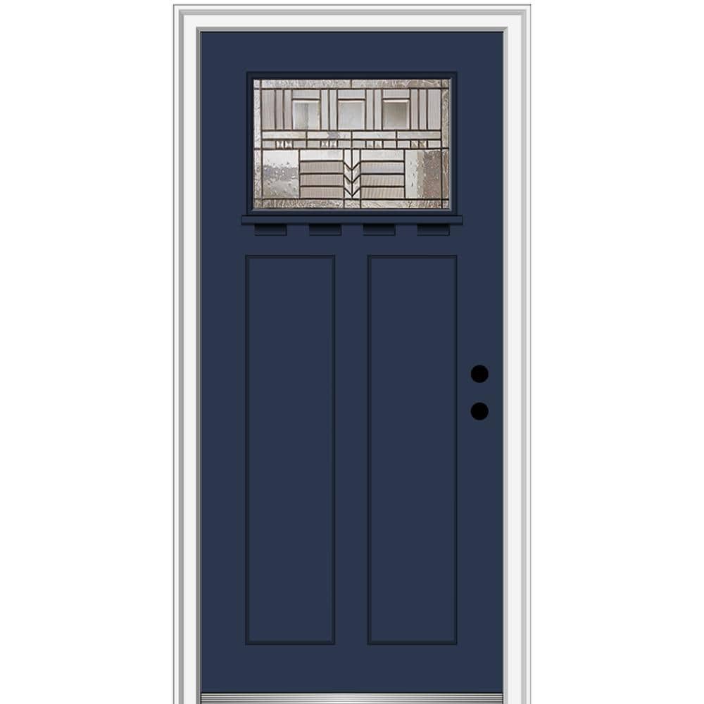 MMI DOOR ZZ3664329L 36-in x 80-in x 4-9/16-in Fiberglass Craftsman Left-hand inswing Naval Painted Prehung Front Door with Brickmould Insulating core