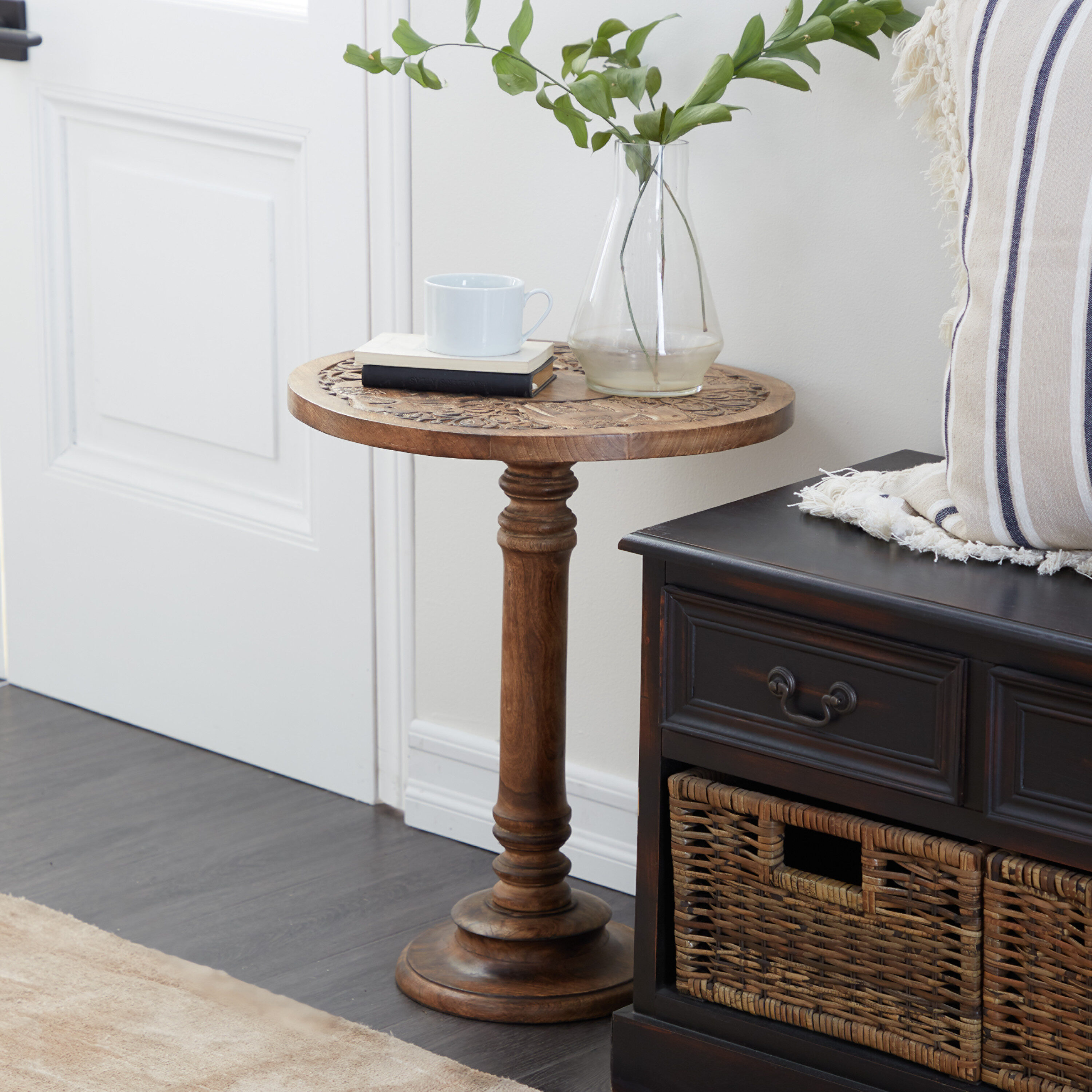 Grayson Lane 96091 17-in W x 21-in H Dark Brown Handmade Carved Wood Round Farmhouse End Table Assembly Required