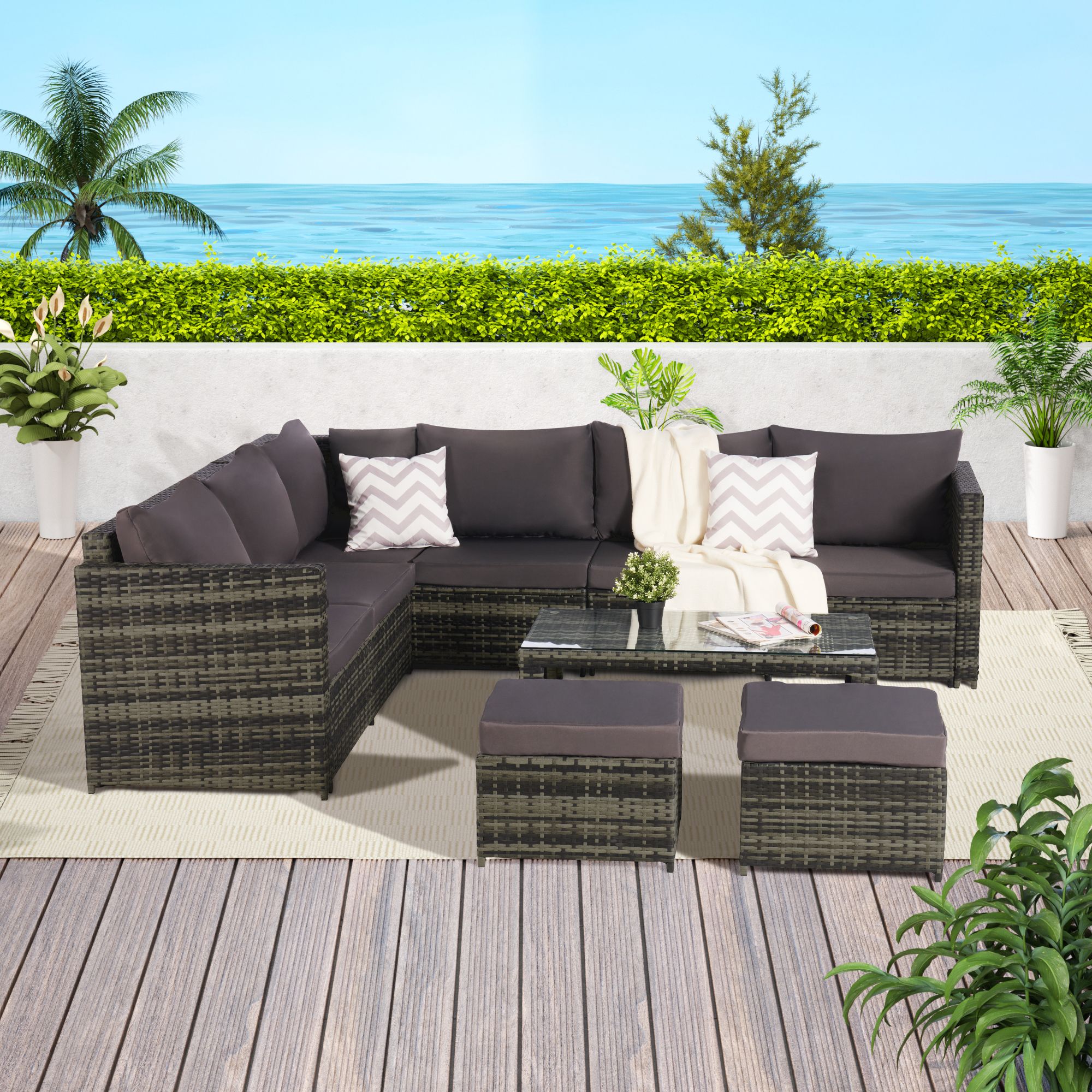 SANSTAR Patio Coversation Set 6-Piece Rattan Patio Conversation Set ...