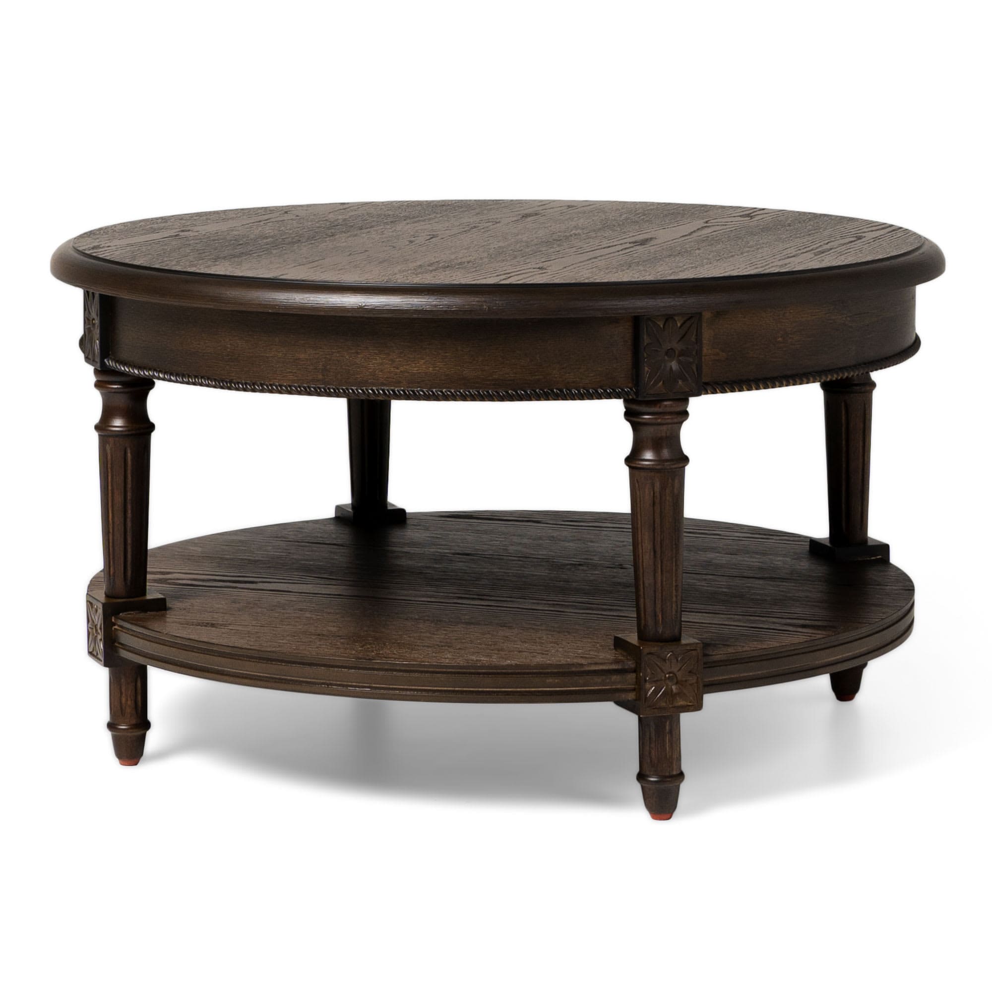 Maven Lane ML352103-WCT-BR Pullman Large Curved 2 Tier Traditional Round Circle Wooden Center Coffee Table with Shelf Storage in Rustic Antiqued Brown Finish