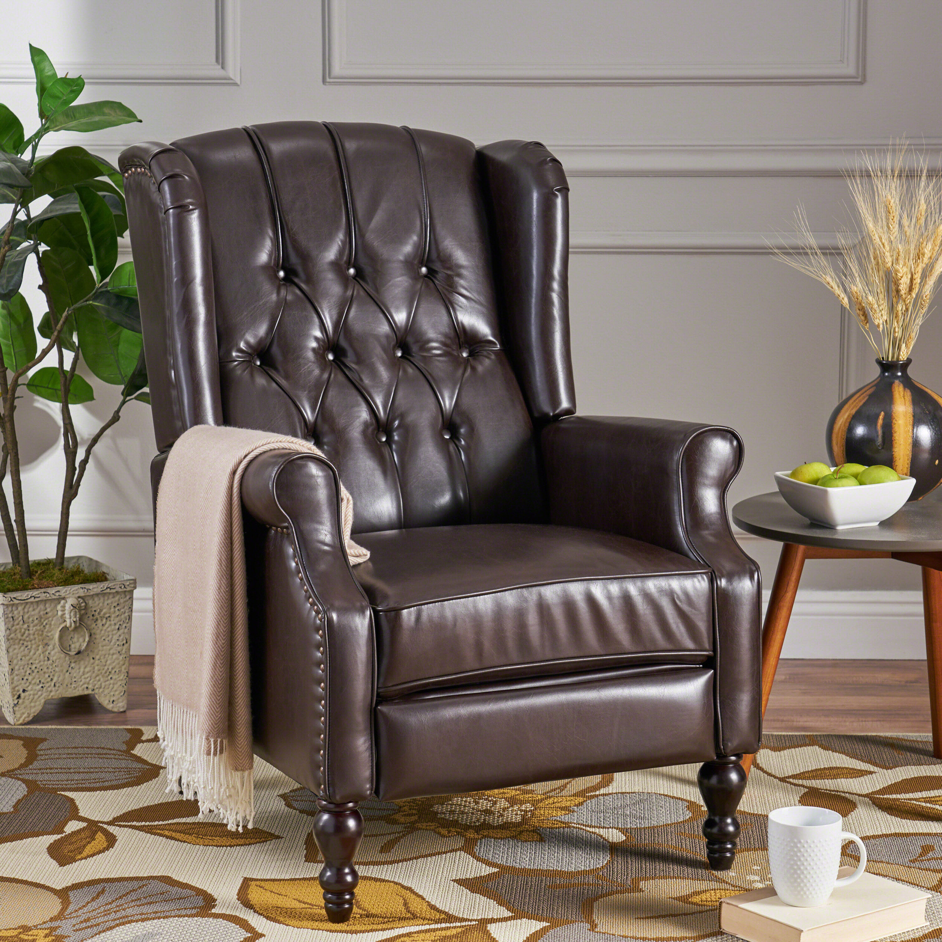 Brown Tufted Leather Wingback Recliner with Wood Legs