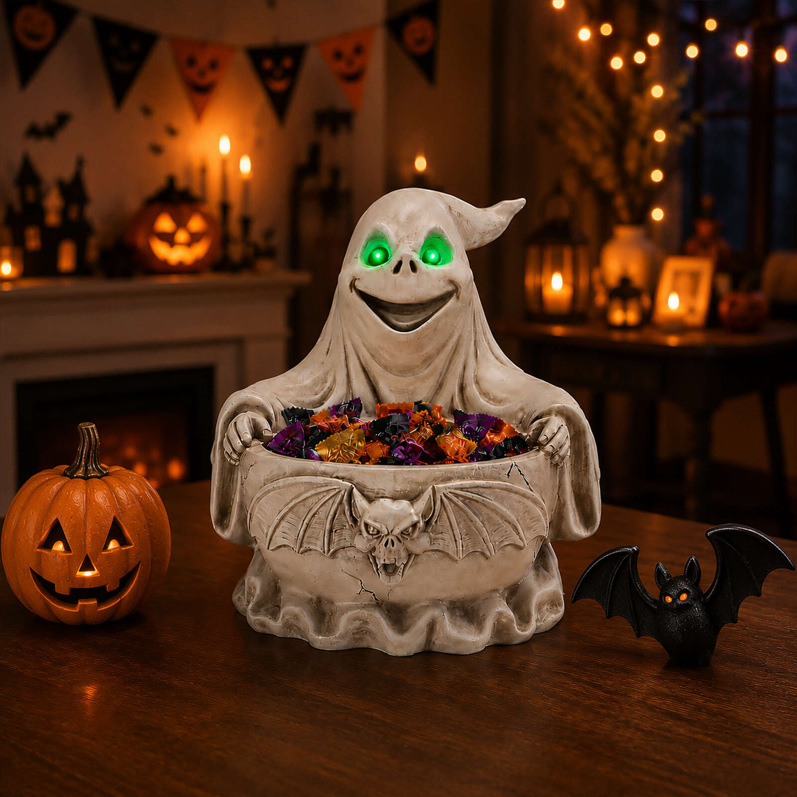 Belffin Halloween Ghost Storage Bowl Figurine Spooky Candy Dish with LED Light for Halloween Party
