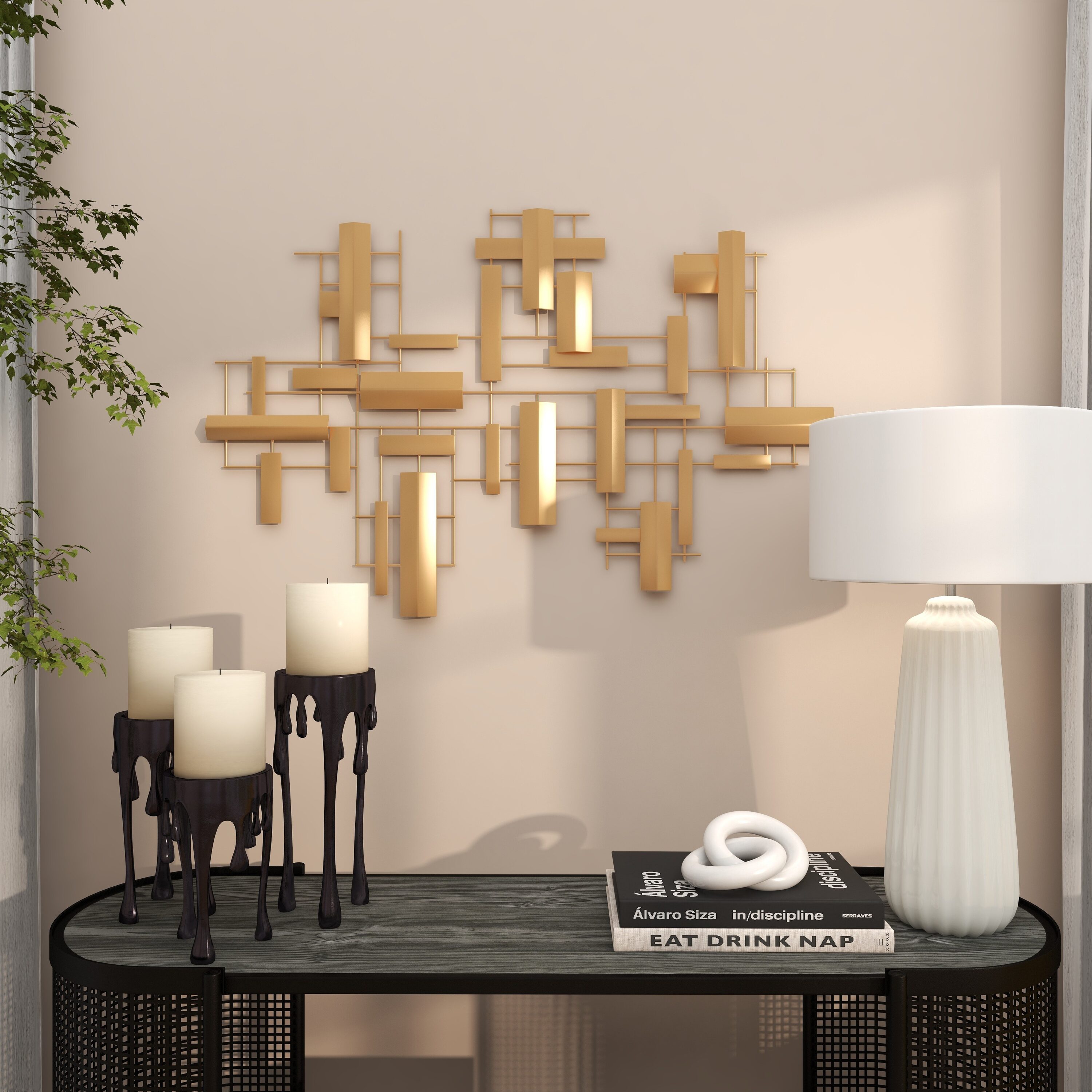 Gold Metal 3D Stripe Geometric Rectangle Wall Art, 36"x23"