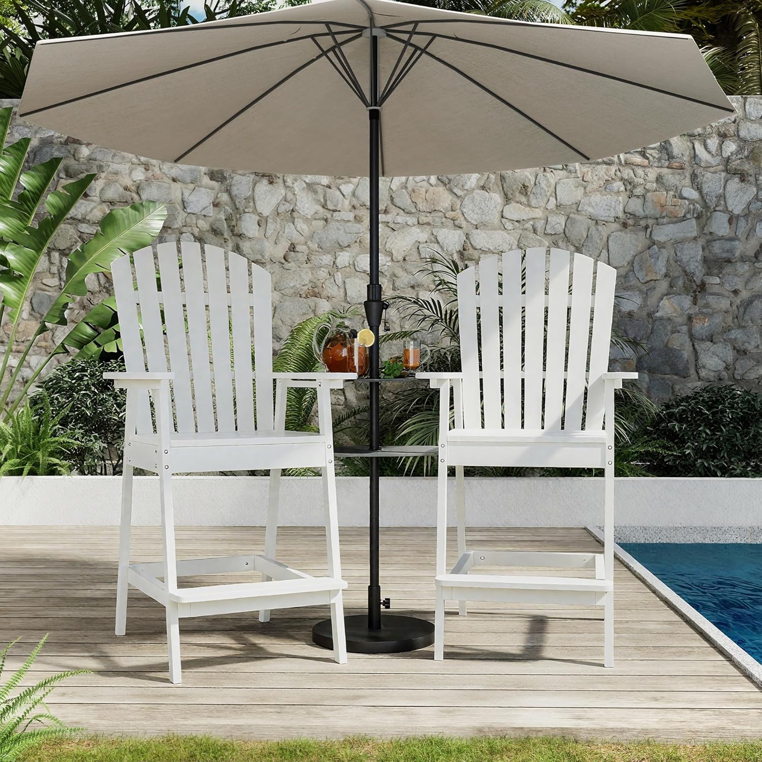 2 seat patio umbrella chair Garvee Outdoor Bar Height Adirondack Chairs Set of 2/ Solid Wood/ Tray with  Umbrella Hole/ Footrest/ Patio Balcony/ White/ Multipurpose outdoor seating  for garden deck porch patio outdoor events in the Patio