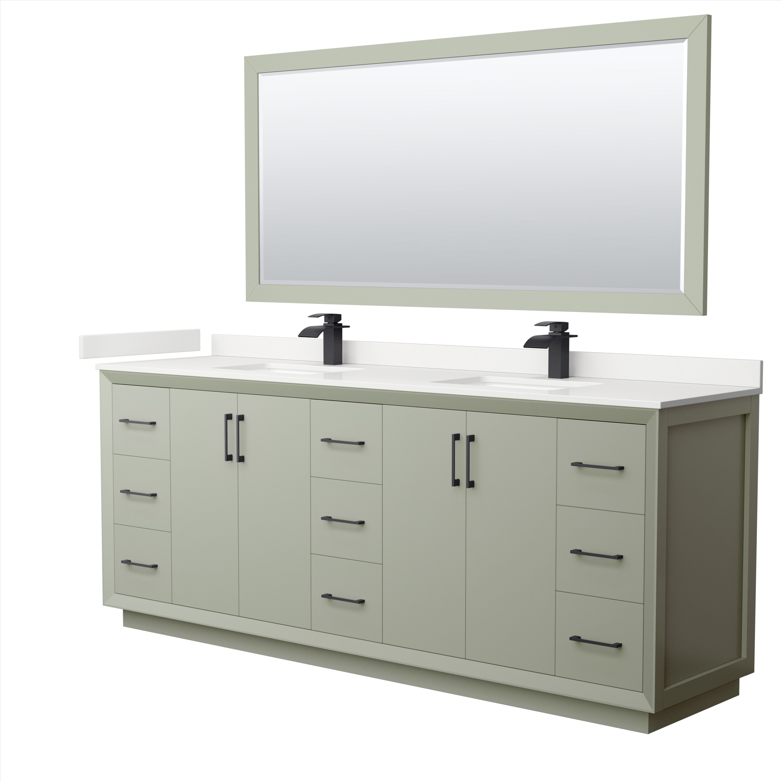 Wyndham Collection WCF414184DLBWQUNSM70 Strada 84-in Light Green Undermount Double Sink Bathroom Vanity with White Quartz Top (Mirror Included)