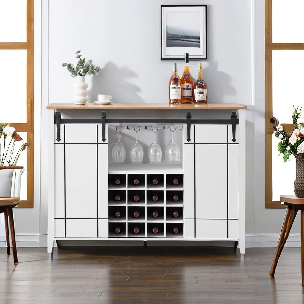 IdealHouse White 47 Inch Farmhouse Wine Bar Sideboard With 16 Wine Glass Rack Storage Shelves Sliding Barn Door Large Buffet Sideboard For Dining Room Living Room