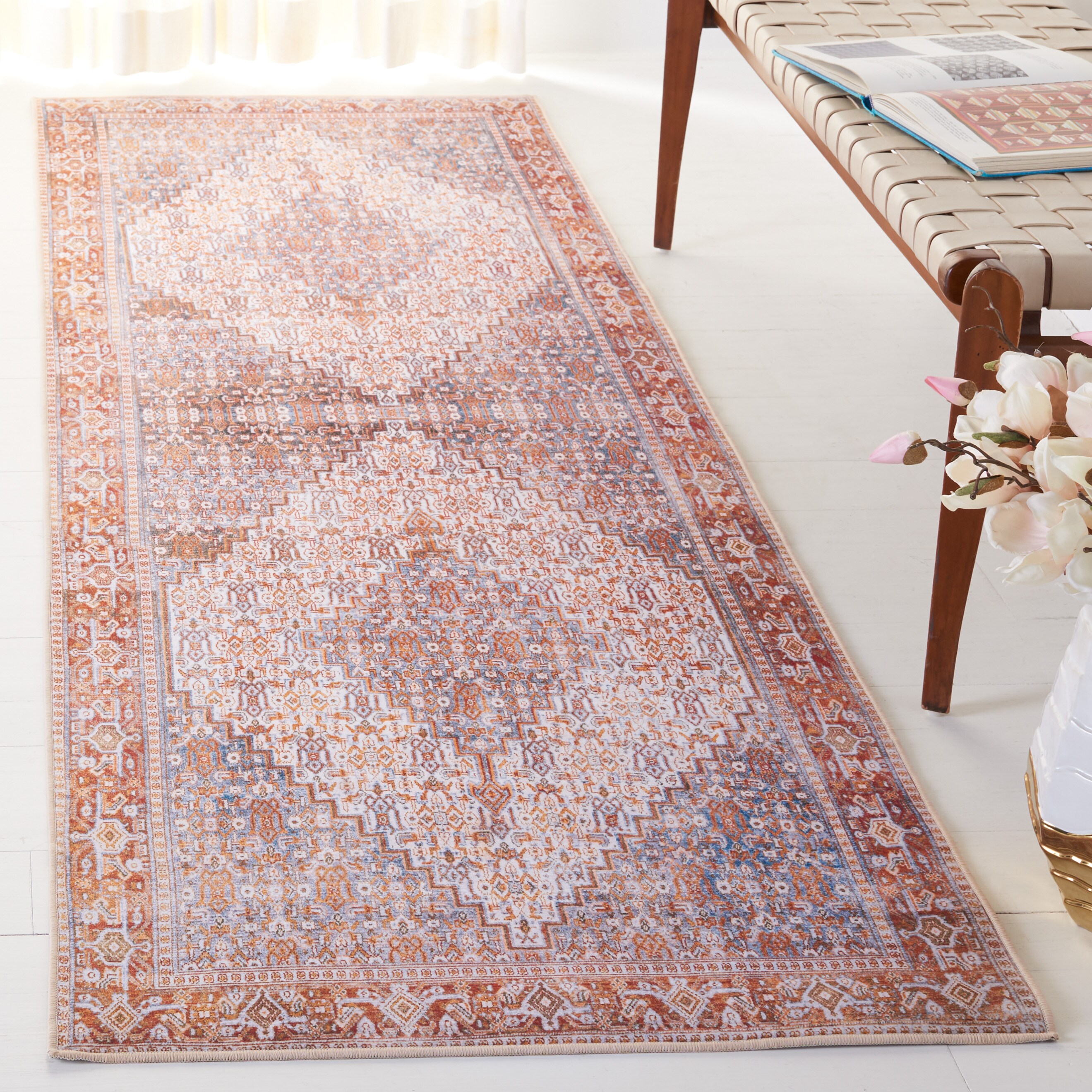 Safavieh TSN166B-28 Tucson 3 x 8 (ft) Loomed Polyester Beige/Rust Rectangular Indoor Border Machine washable Runner rug