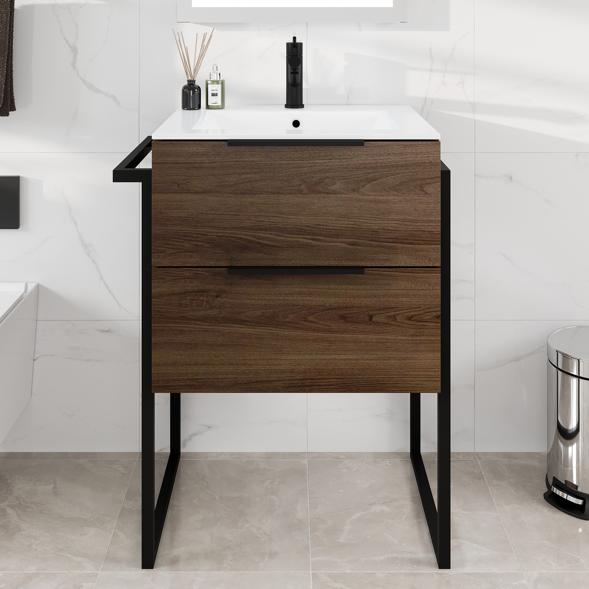 Eviva EVVN523-24DWN/LEGS Marina 24-in Dark Walnut Single Sink Bathroom Vanity with White Porcelain Top