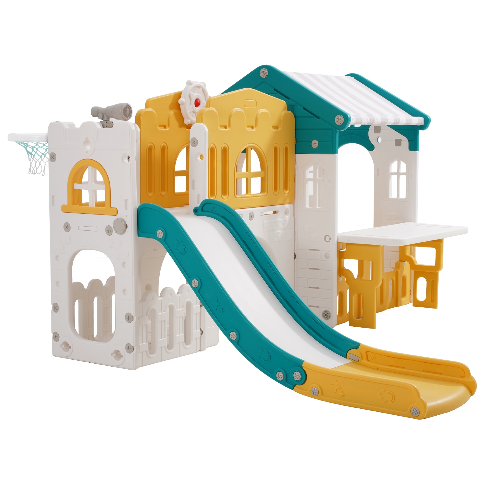 VEVOR Outdoor Playhouse Versatile Toddler Playground with Slide Basketball Telescope Steering Wheel Crawling Tunnel Sales Window Toddler Playset for Aged 1+ Open Play Structure HDPE Plastic