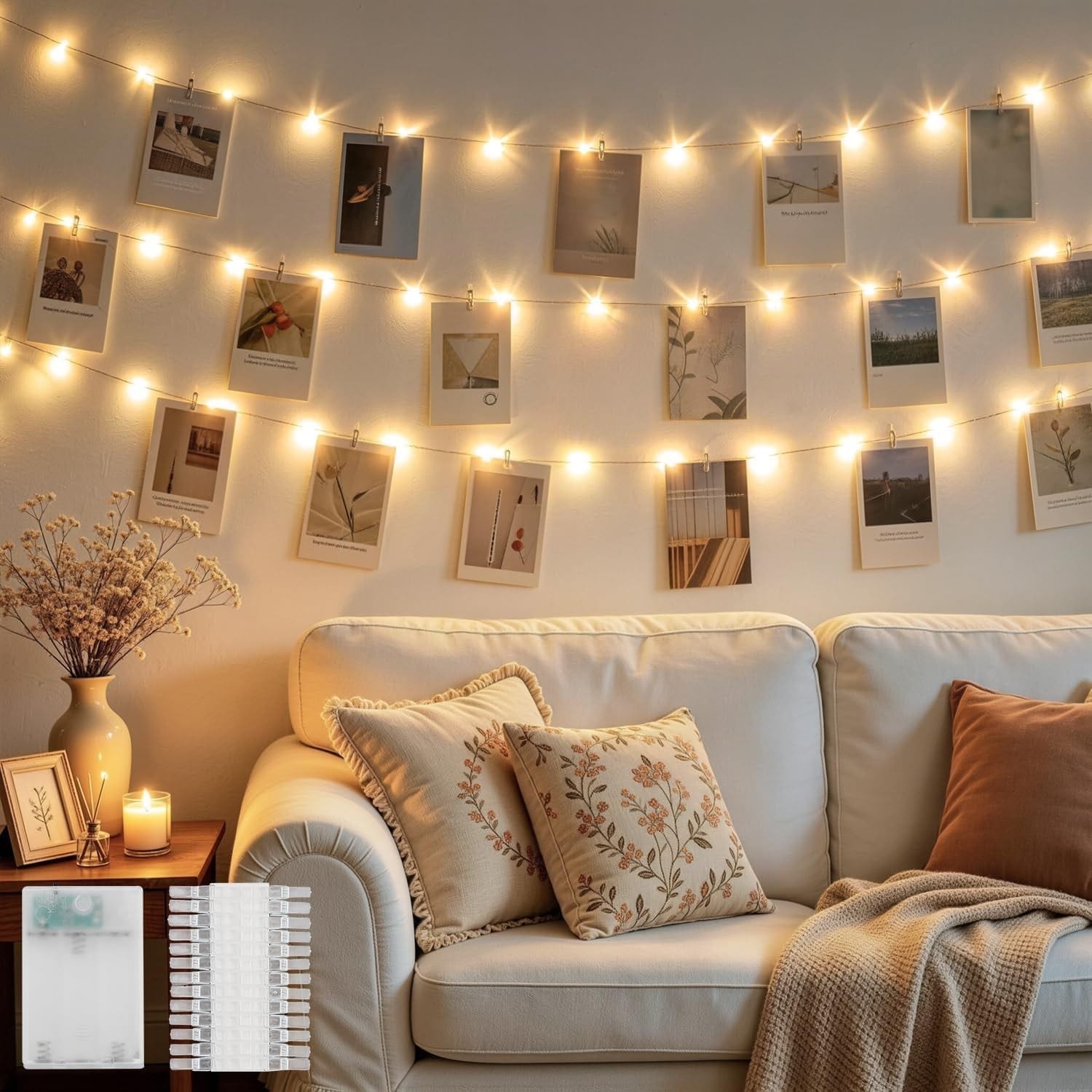 Pacrigo  50 LED Picture Lights with Clips 16.5ft Battery Operated Fairy String Lights for Wall Photo Display Warm White