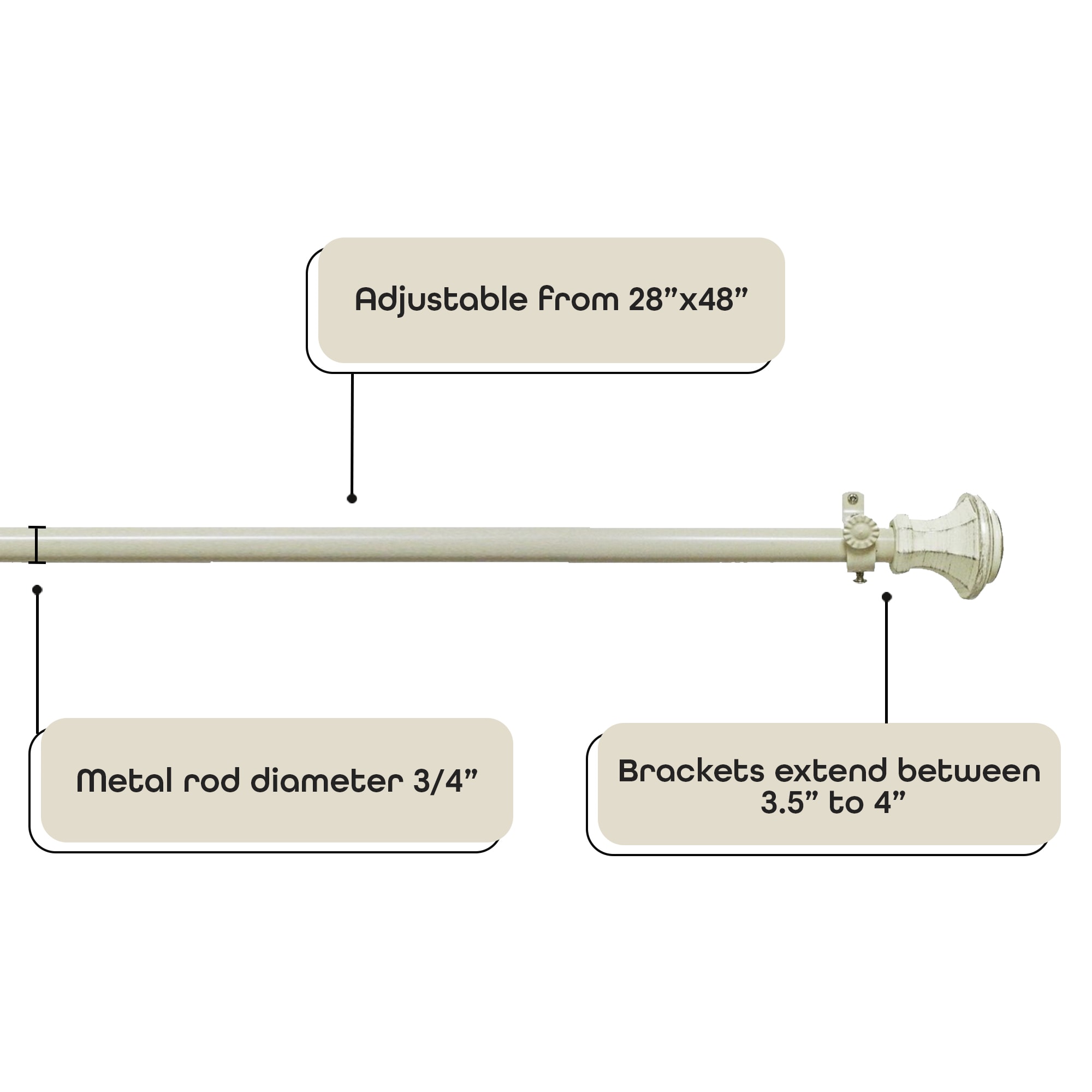Off-White Adjustable PVC Curtain Rod with Finials, 28"-48"