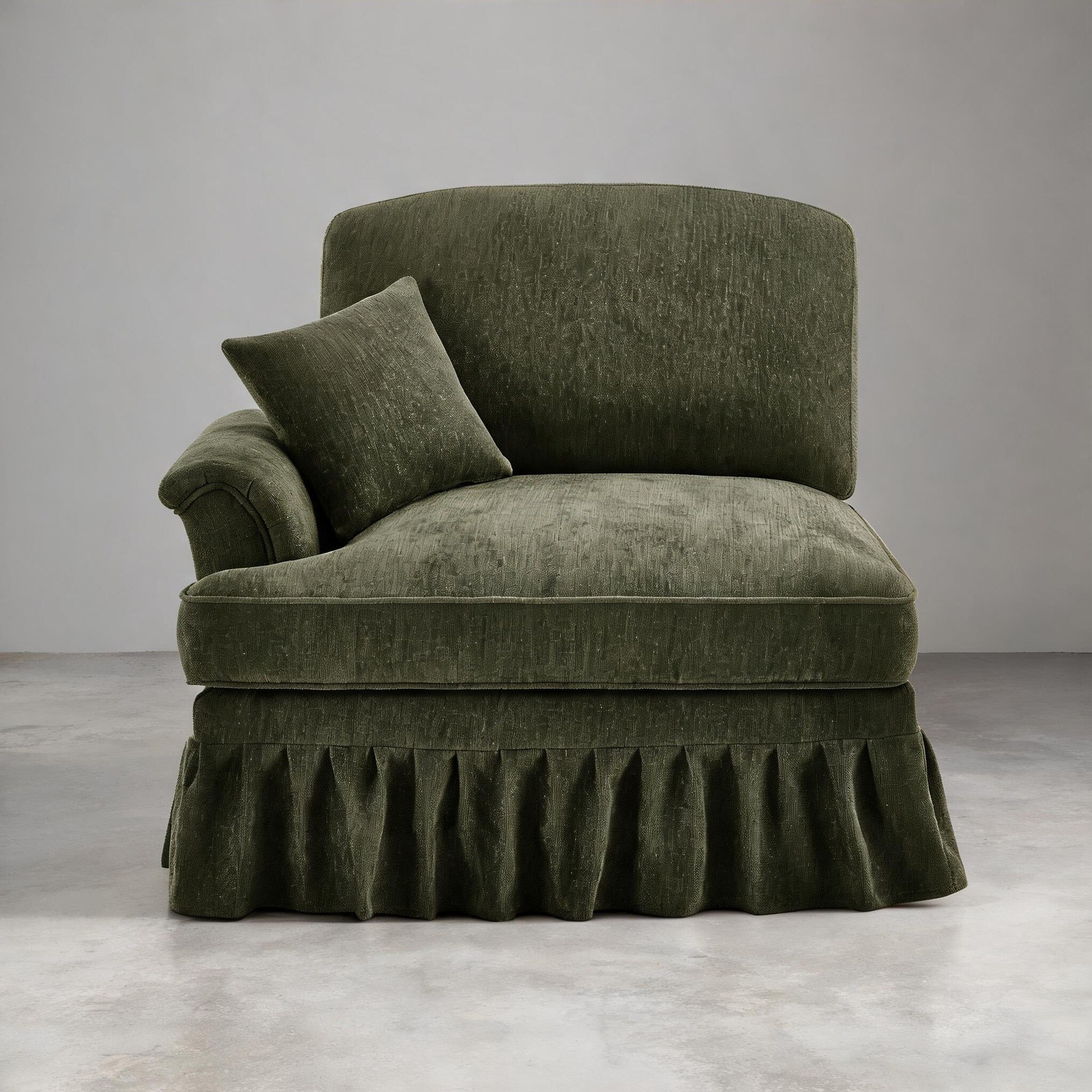 Green Chenille Sleeper Sofa with Removable Ruffles Mid-Century Curved Design