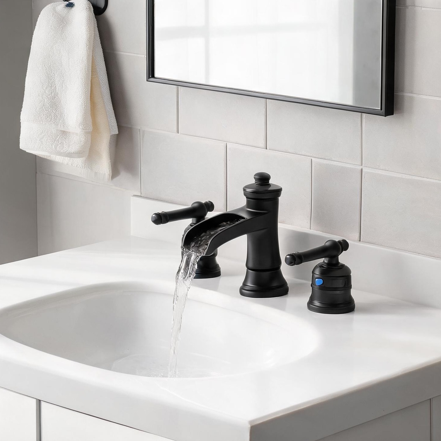 Naturefalls - Widespread double-handle bathroom sink faucet with pop-up drain in black-toned bras...