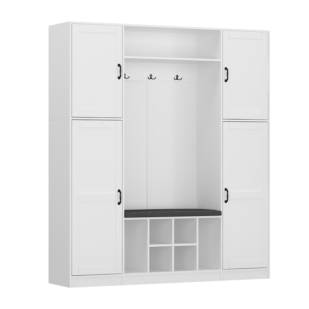  V-KF150166-01+02 Hall Tree Armoire with Storage Bench and 3 Hooks Entryway Storage Cabinet Mudroom Hallway Organizer