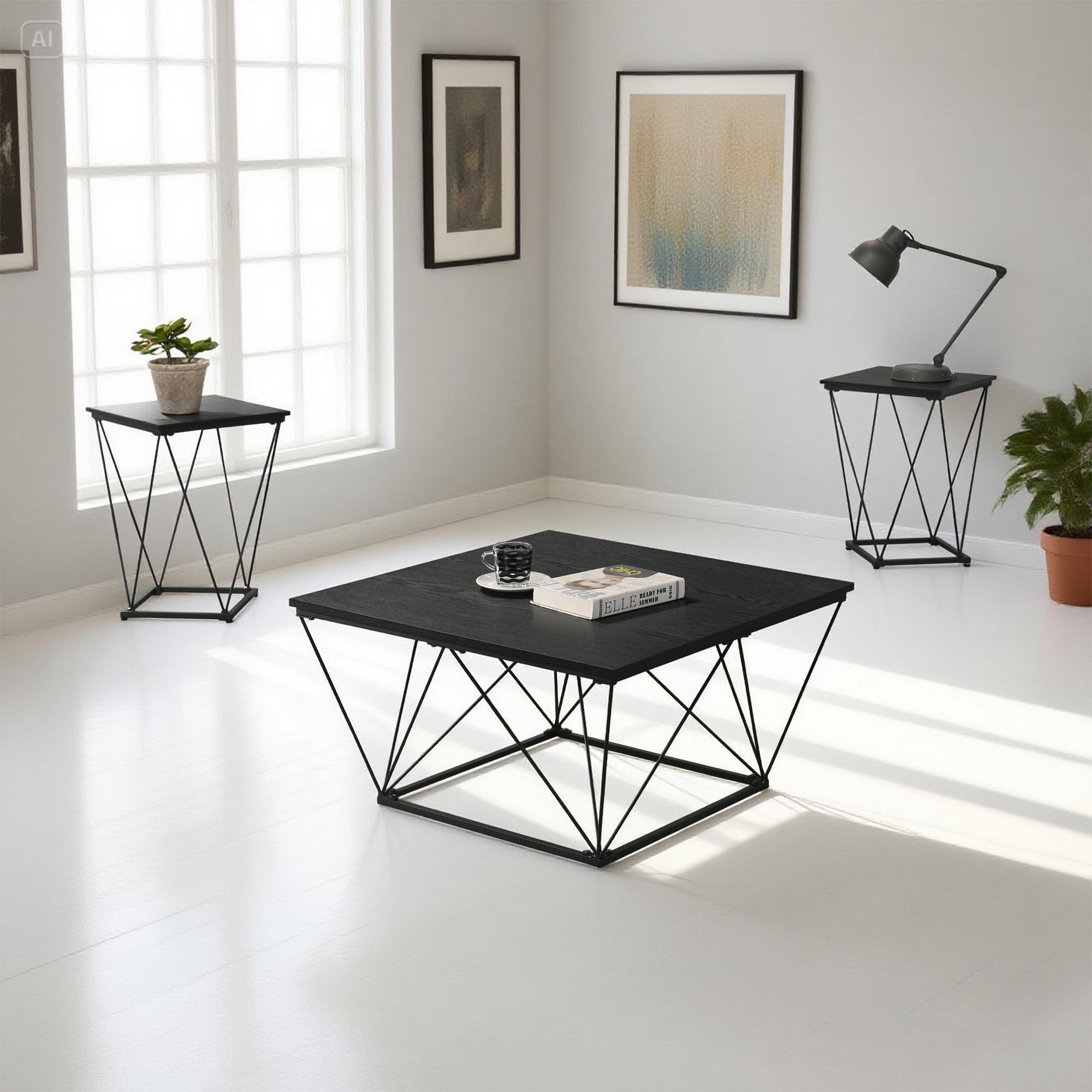 IHOMEadore MDFM42901BK-3PK Modern Black Accent Table Set