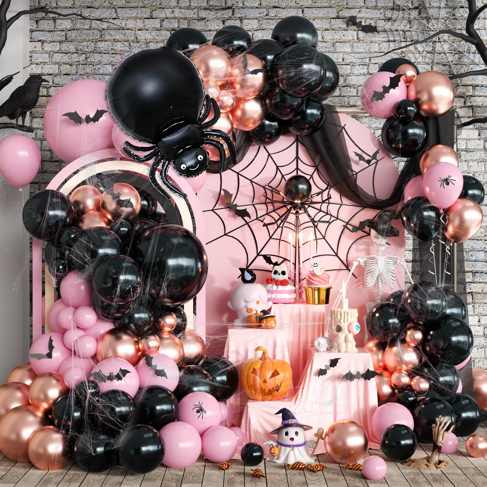 Linder Group Inc Halloween Balloon Arch Garland Kit Black Pink Rose Gold Balloons with Spider Foil Balloons Bat Stickers and Spider Webs for Girls Party Birthday