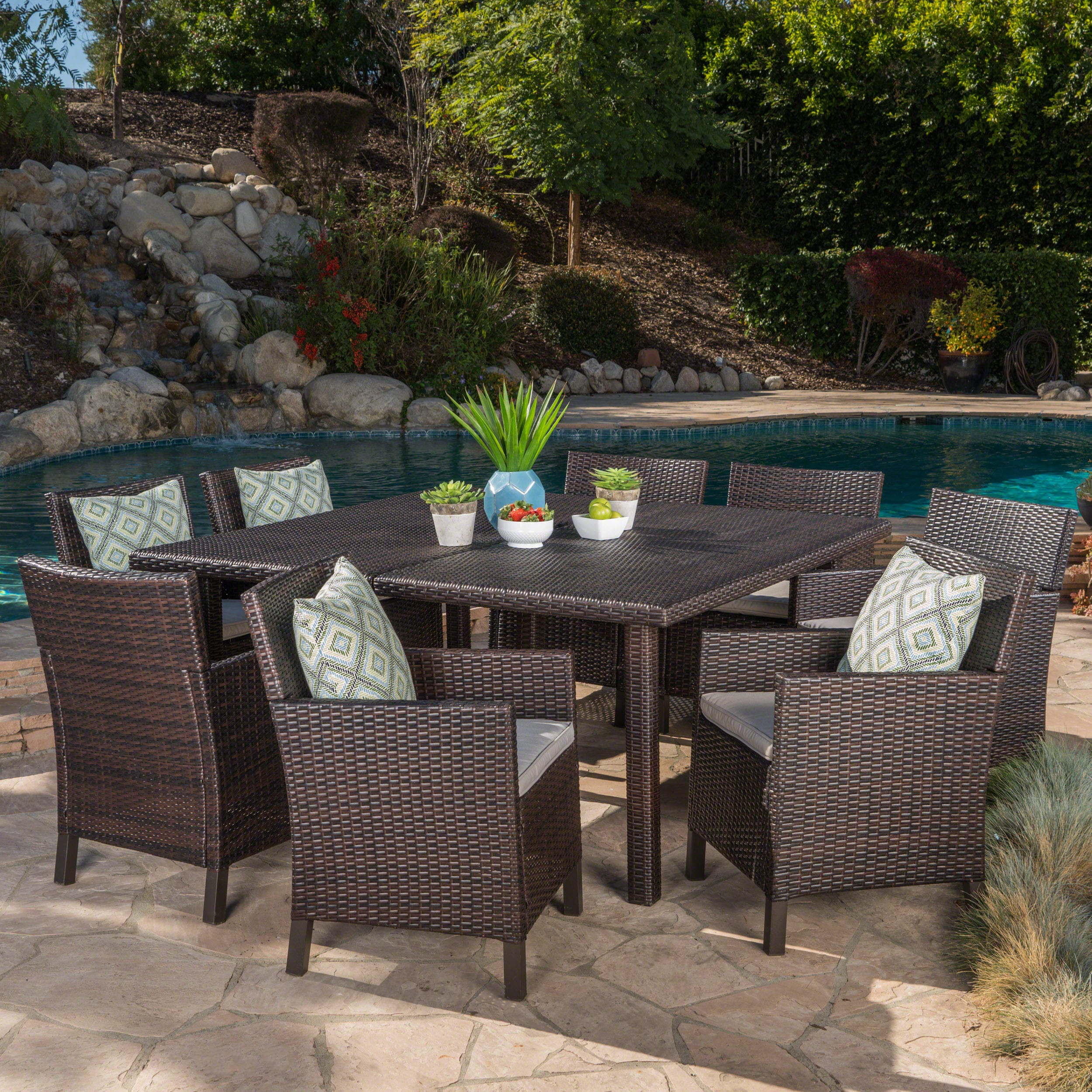 Christopher Knight Home 303921 Arcade Outdoor 9 Piece Multibrown Wicker Square Dining Set with Light Brown Water Resistant Cushions