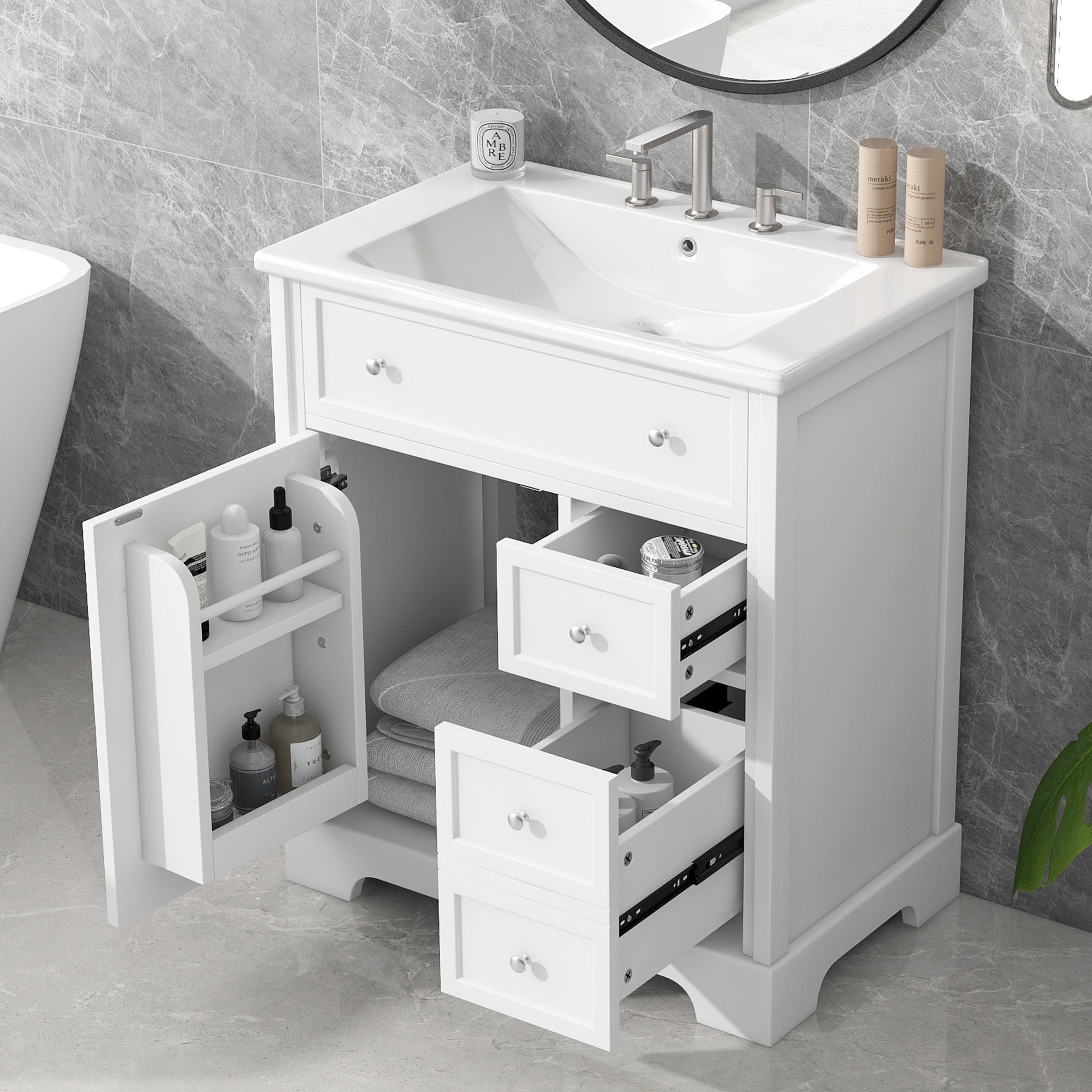 HyperDrop Cart 30-in White MDF Solid Wood Bathroom Vanity Cabinet with Sink Top Soft-Close Storage