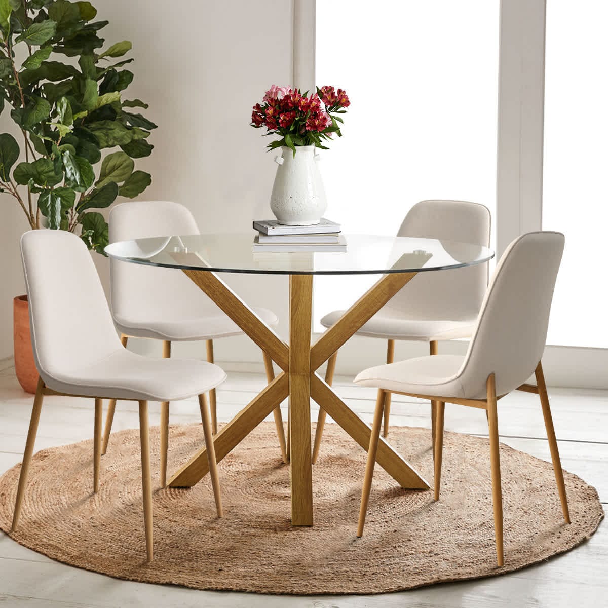 Maison Boucle 5-Piece Round Glass Dining Table Set with 4 Beige Upholstered Dining Chairs