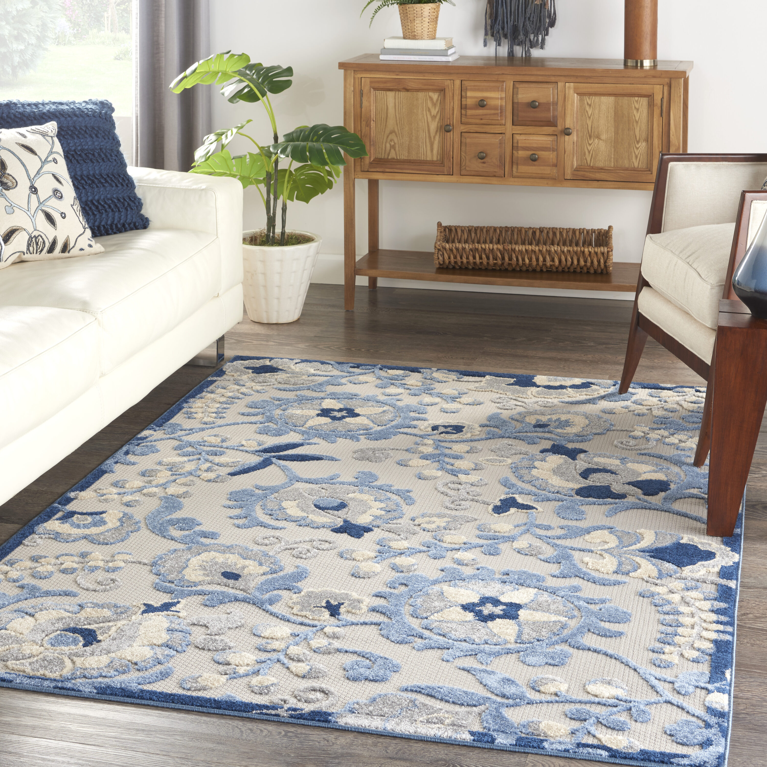 Nourison 099446827395 Aloha 5 x 8 (ft) Loomed Polypropylene Blue/Grey Rectangular Indoor/Outdoor Floral/Botanical Tropical Area rug