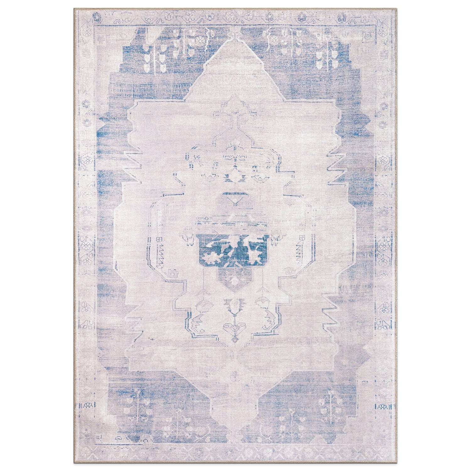 Blue and Cream Vintage Medallion Washable Area Rug