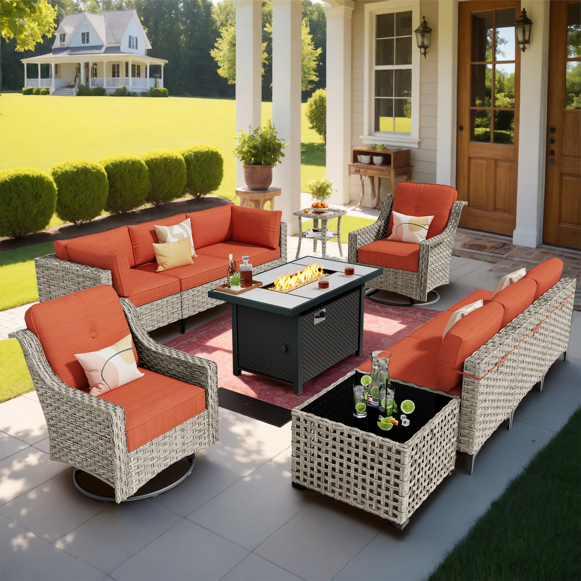 Caodoc L5-CFP03-YZSKT811-1 SKT Rattan Outdoor Sectional with Orange Cushions and Rattan Frame