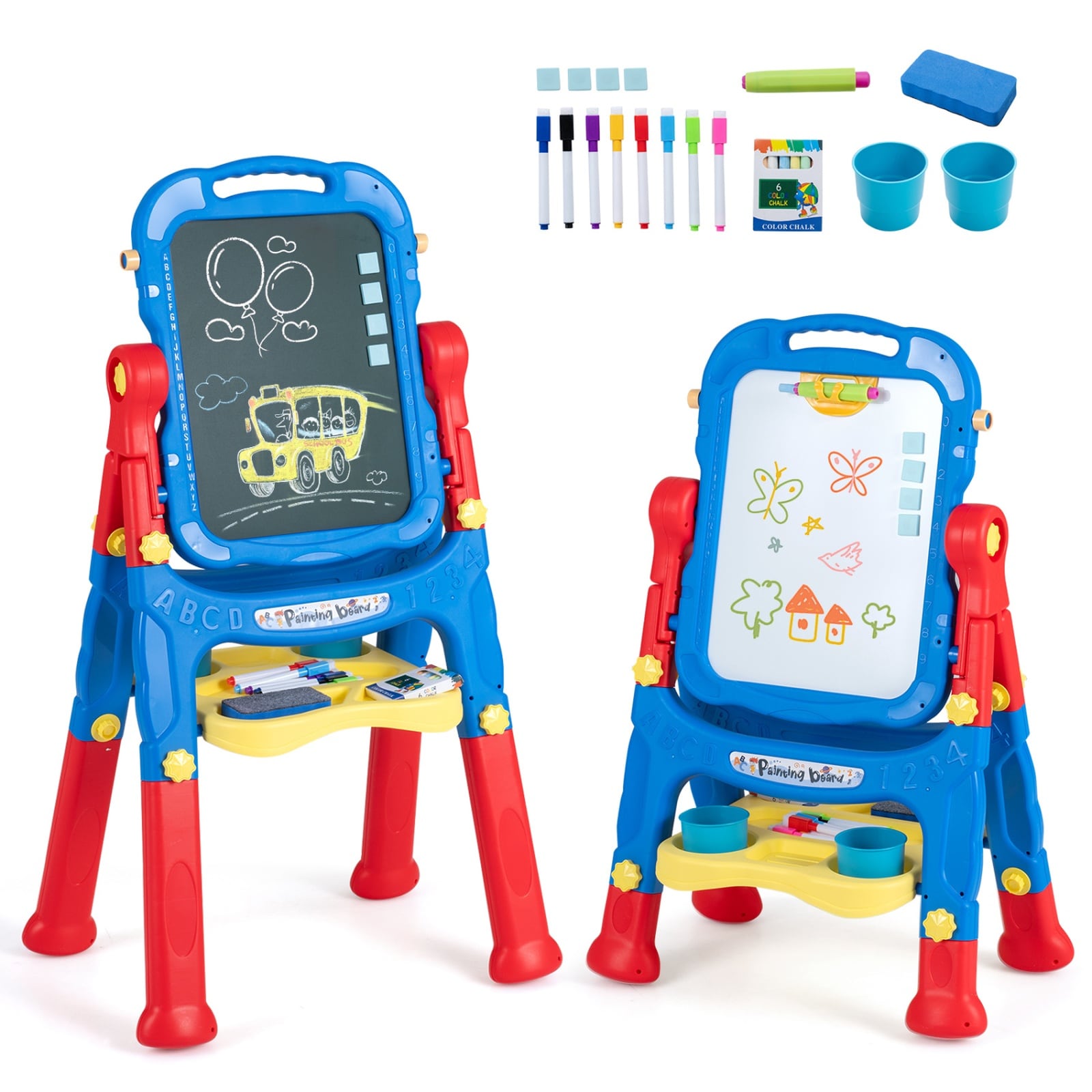 SUGIFT - 4-in-1 Swivel Kids Art Easel with Chalkboard and Whiteboard in Blue