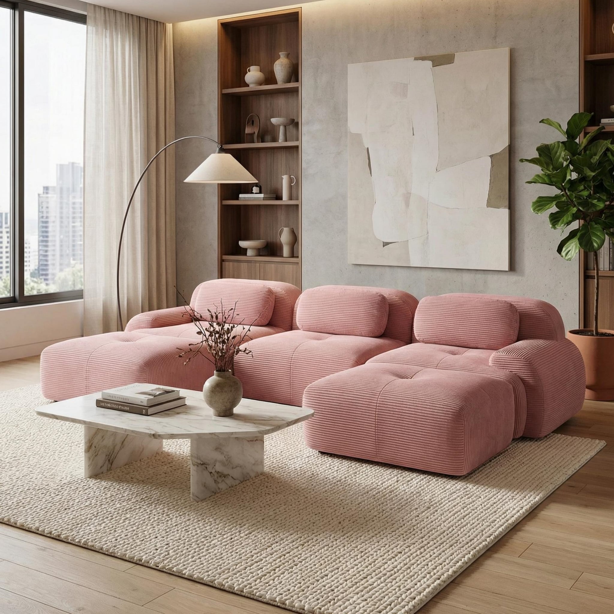 Homy Casa Coral Blush Velvet Sectional Sofa with Modular