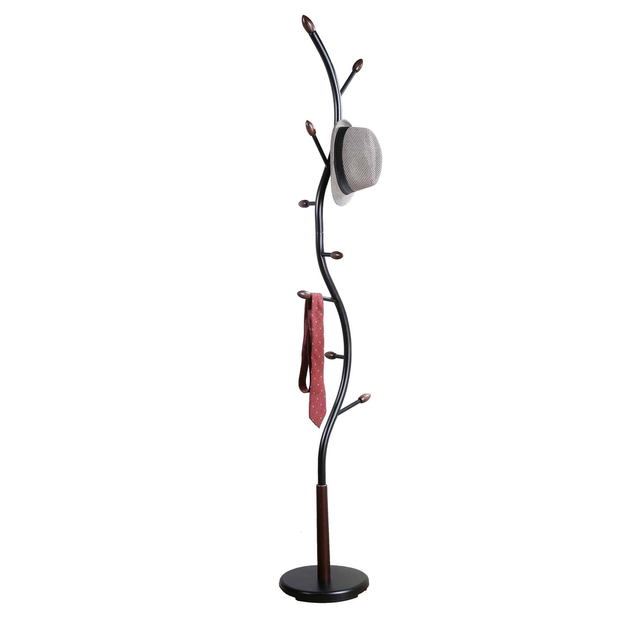 Black Metal Freestanding Coat Rack with Walnut-Tipped Hooks