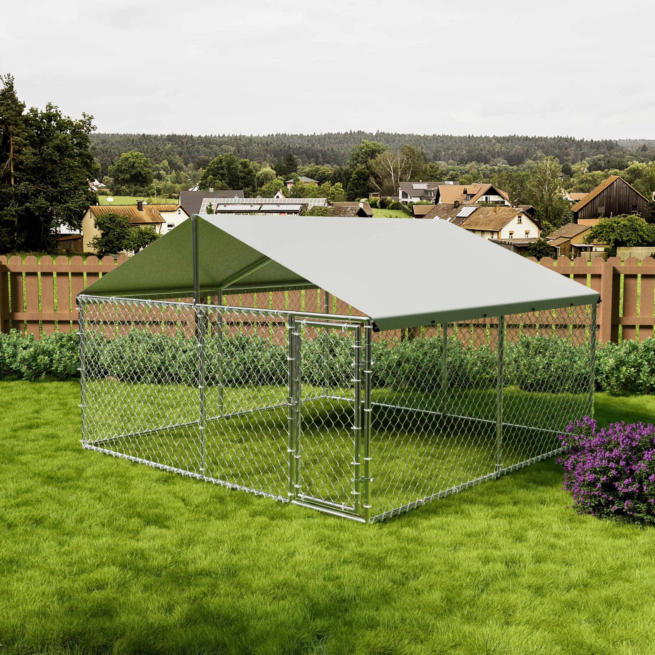 IdealHouse Large Outdoor Dog Kennel with Waterproof and UV Resistant Cover Galvanized Chain Link Dog Enclosure Outside Dog Kennel with Roof for Backyard Farm Use 10x10x6ft