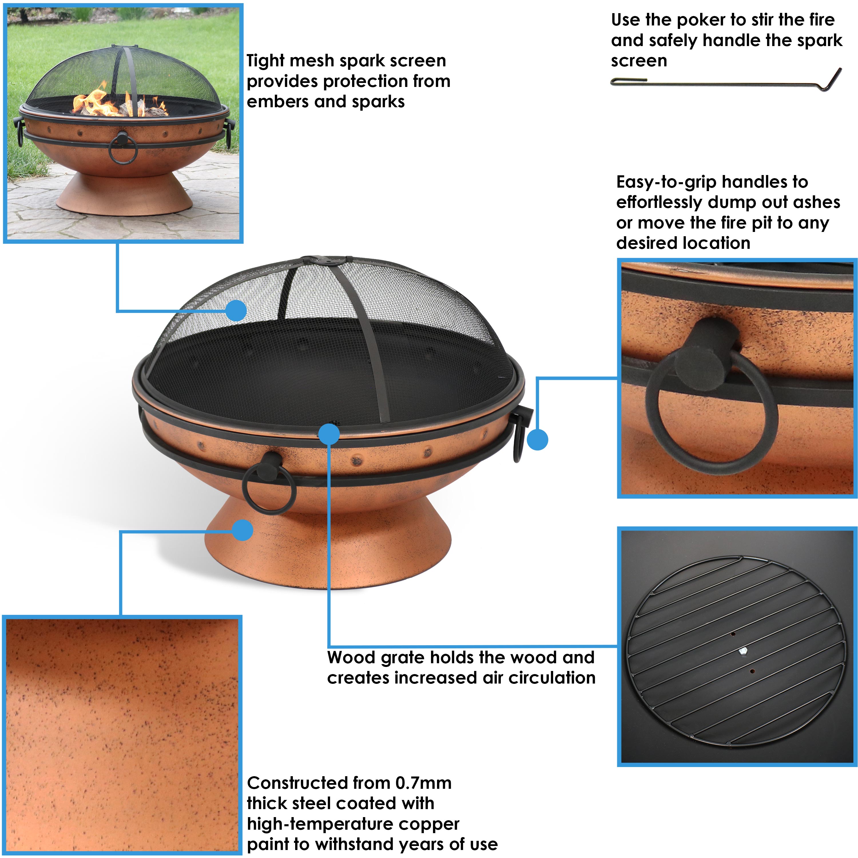 Copper Finish 30-Inch Round Wood-Burning Fire Pit with Handles