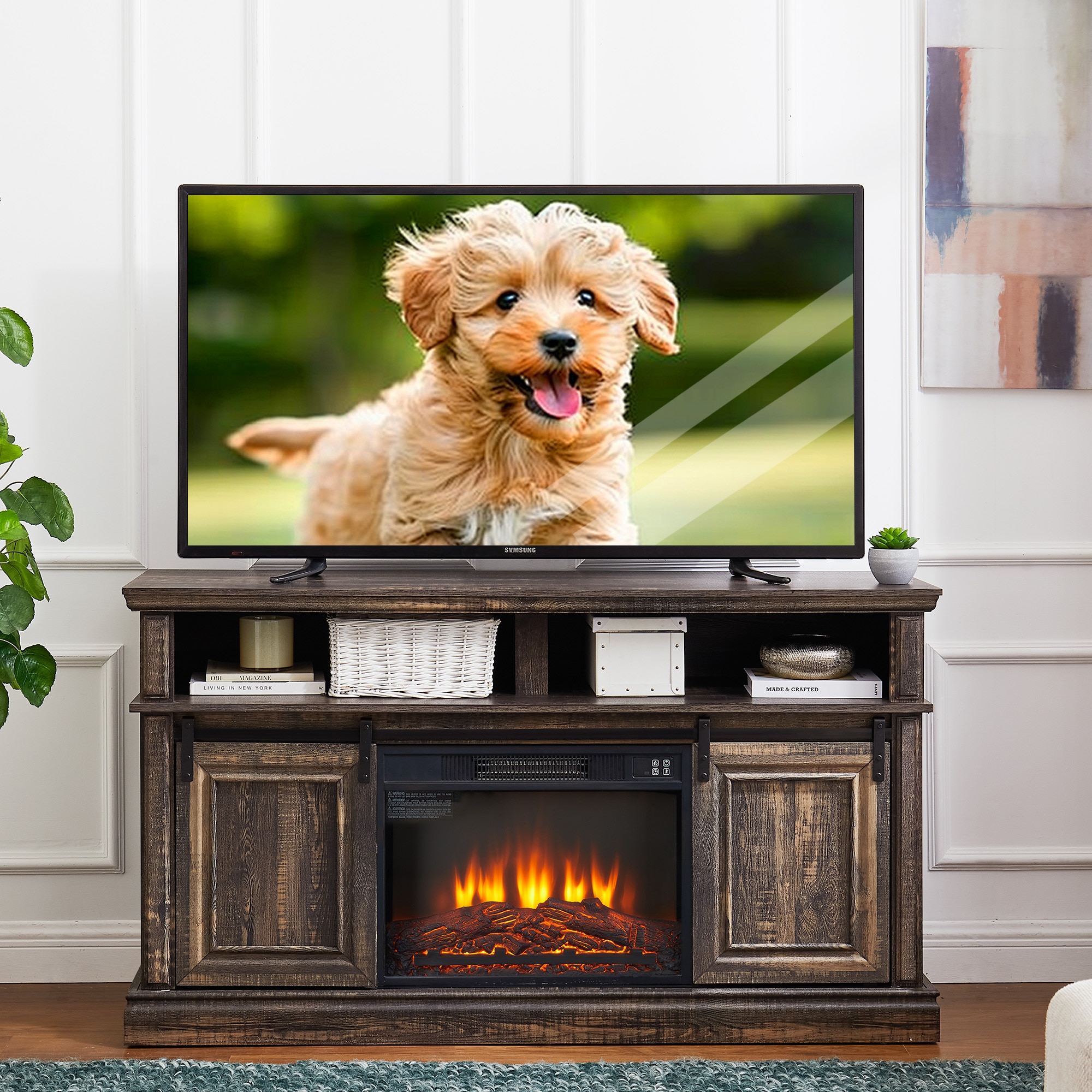 Fun Orange FUNS2TS06 58.11-Inches W Antique brown TV Stand with Fan-forced Flat wall Electric Fireplace with Remote Control Included