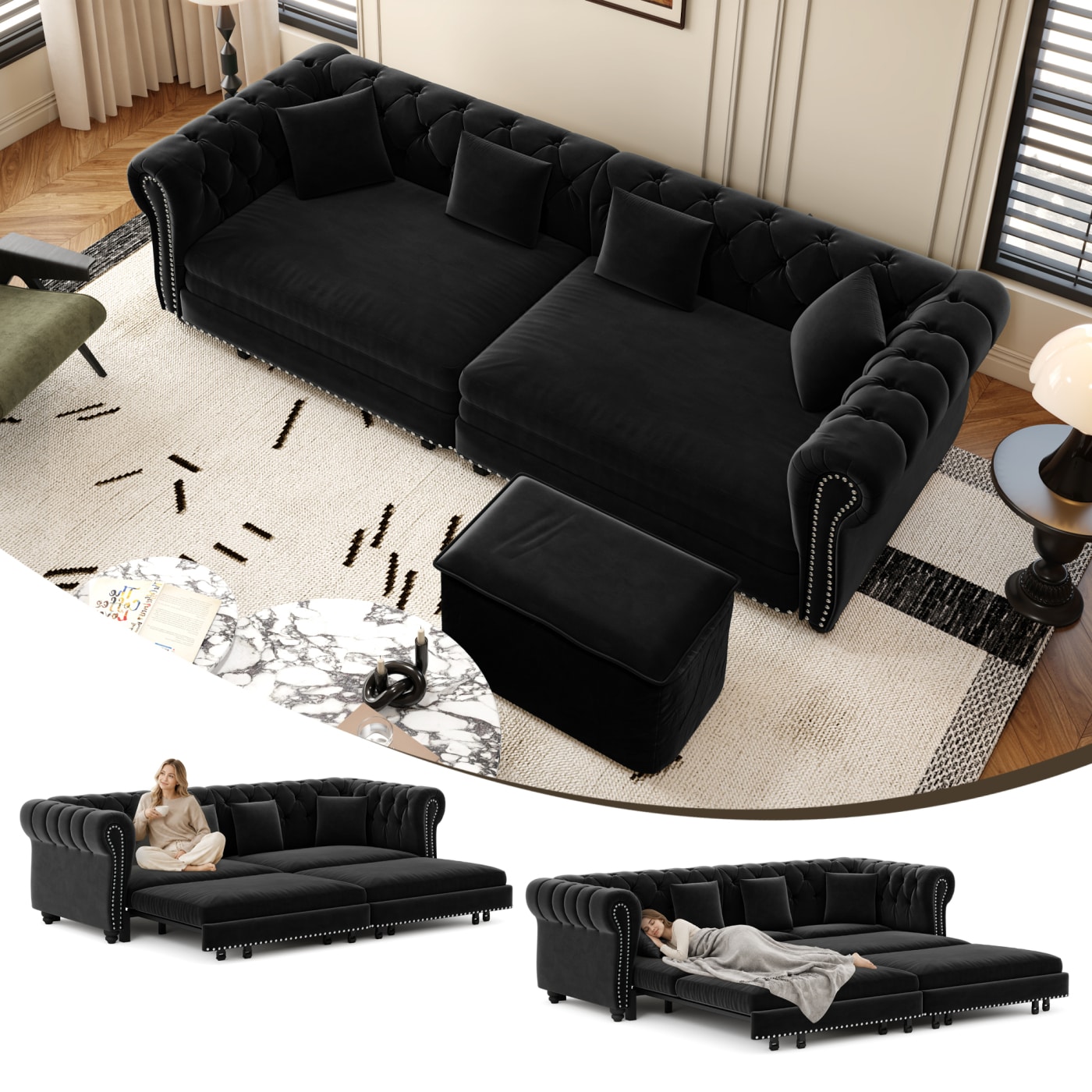 CHITA 89-Inch Black Velvet Sleeper Chaise Sofa Convertible Sleeper Bed Movable Ottoman Extra-Deep Seats for Living Room Apartment Guest Room and Home Office