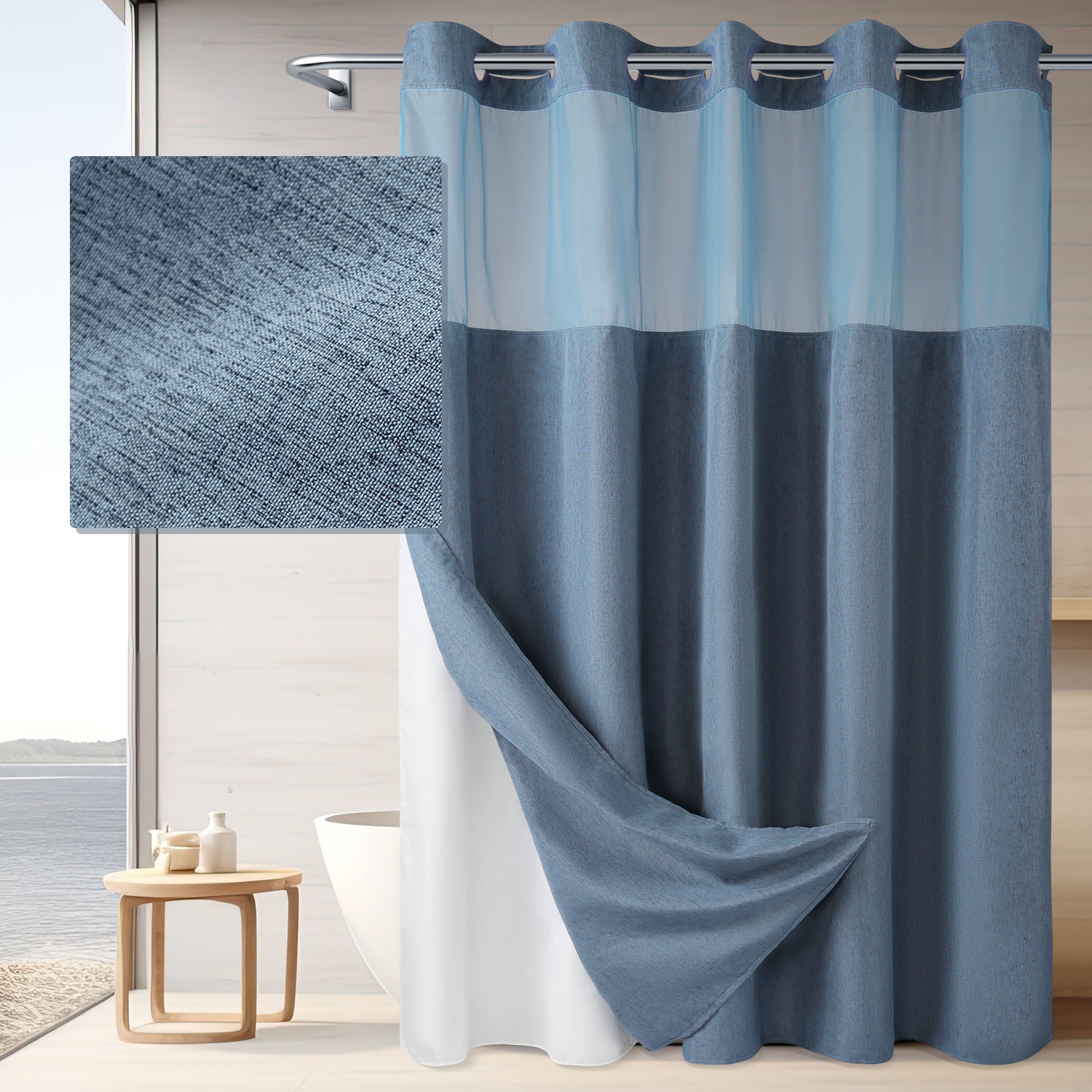 Awesome Home No Hook 71-in W x 74-in L Blue Fog Linen Textured  Linen/Polyester Shower Curtain with Snap-in Liner
