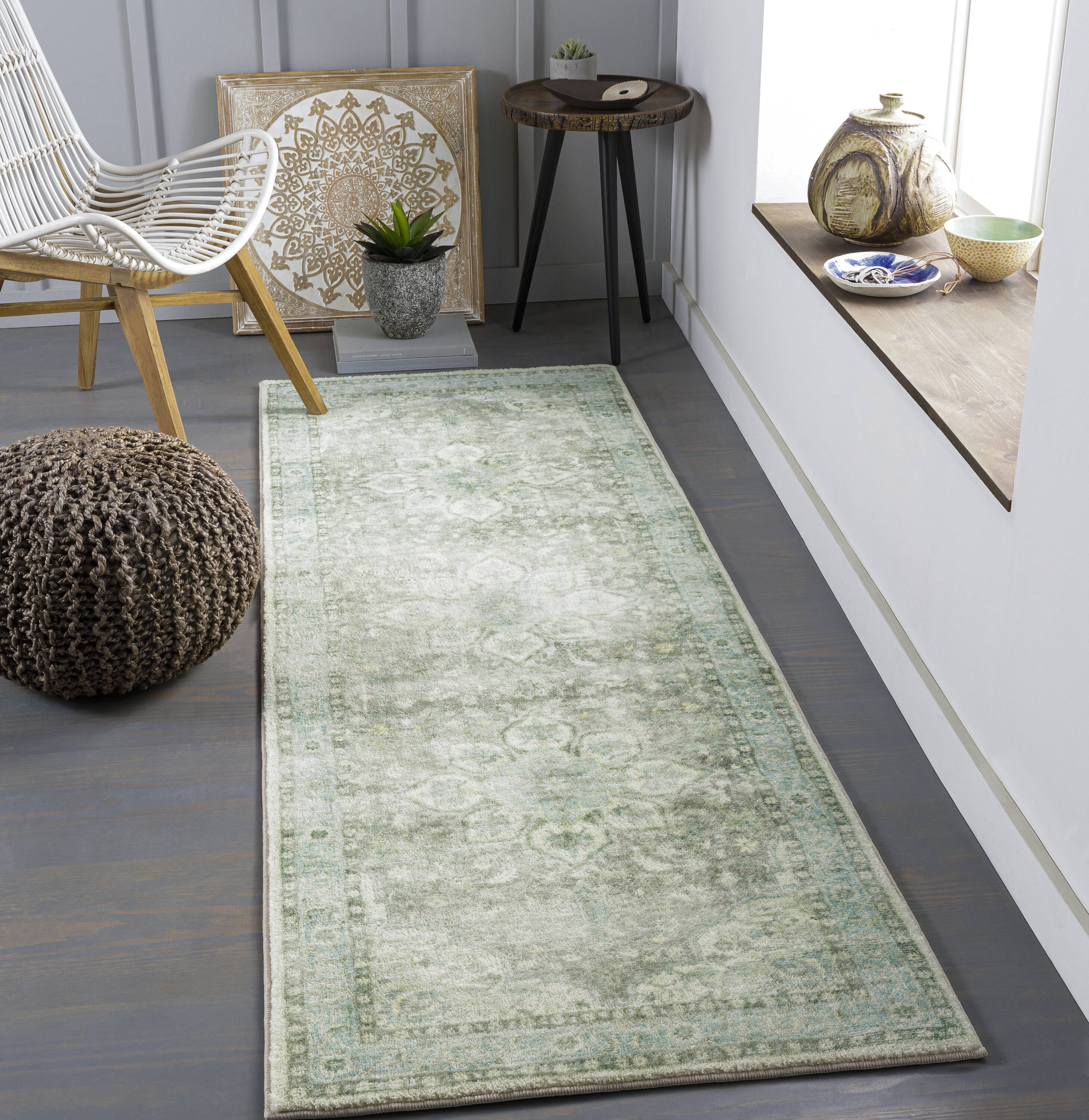 Livabliss ERN2309-2676 Erin 2 x 7 (ft) Polyester Aqua, Sage Rectangular Indoor Border Area rug