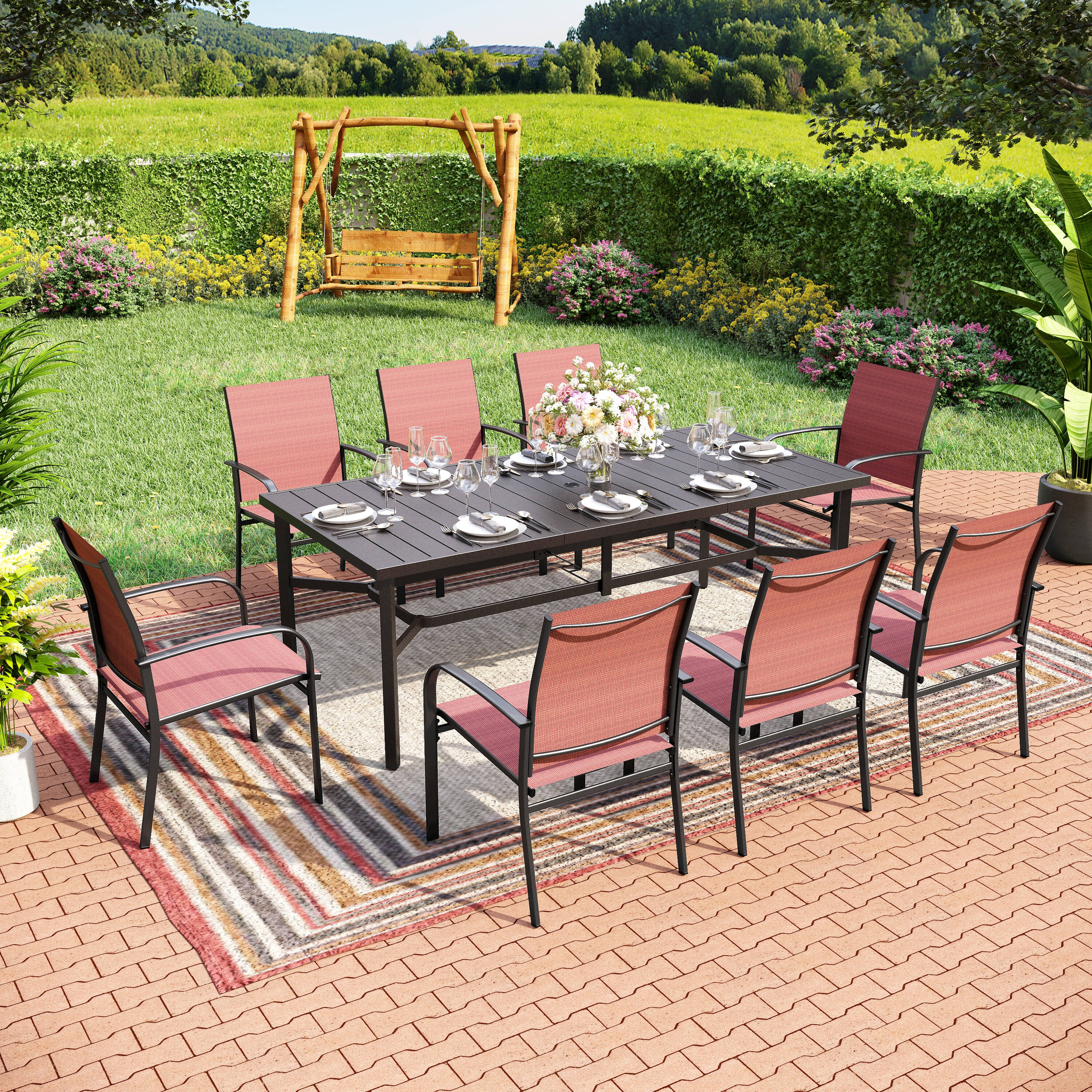 Sunshine Valley TC9-153R-453 Outdoor Table and Chairs 9 -Piece Black Patio Dining Set Steel Rectangle Table with 8 Red Stationary Chairs