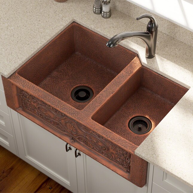 MR Direct 33.25-in x 22.25-in Copper Double Offset Bowl Tall (8-in or Larger) Drop-In Apron Front/Farmhouse Commercial/Residential Kitchen Sink MR Direct 33.25-in x 22.25-in Copper Double Offset Bowl Tall (8-in or Larger) Drop-In Apron Front/Farmhouse Commercial/Residential Kitchen Sink