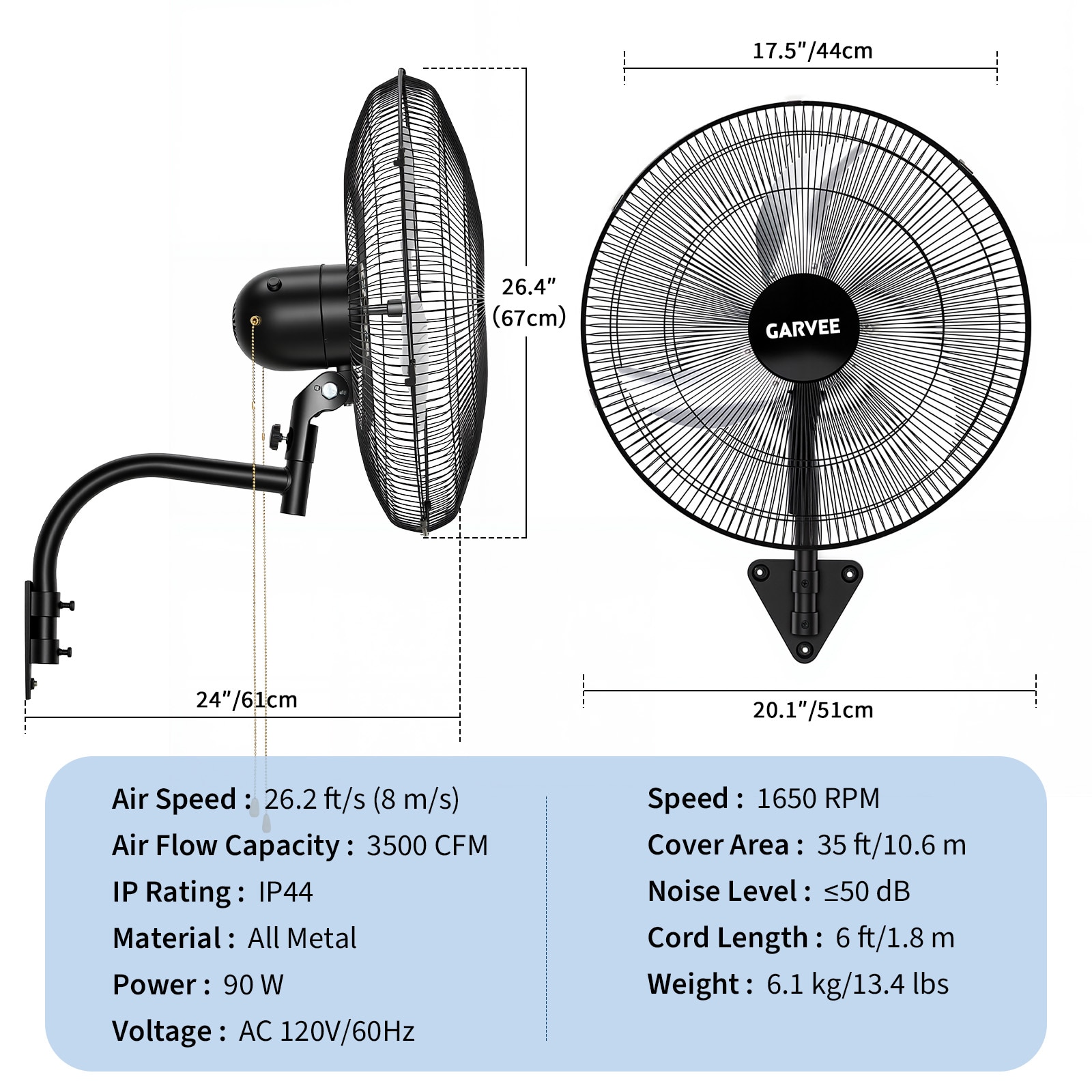 DEXSO 18 Inch Oscillating Wall Mount Industrial Fan 3 Speed 90 Degree Oscillation Adjustable Tilt Metal Black