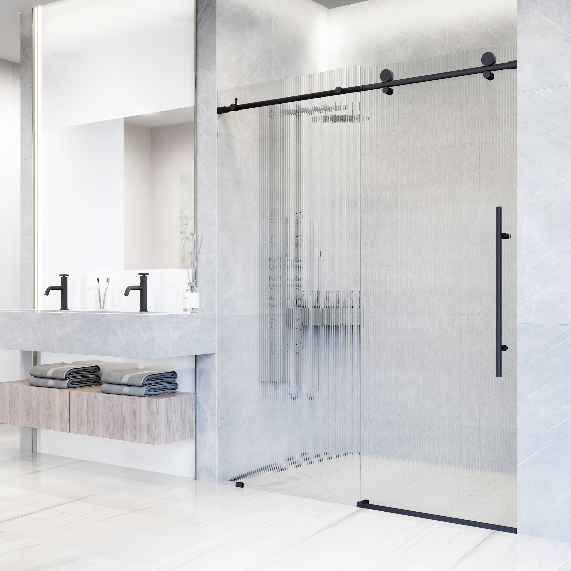 Elan E-Class 56-60" Matte Black Frameless Sliding Shower Door with Fluted Glass