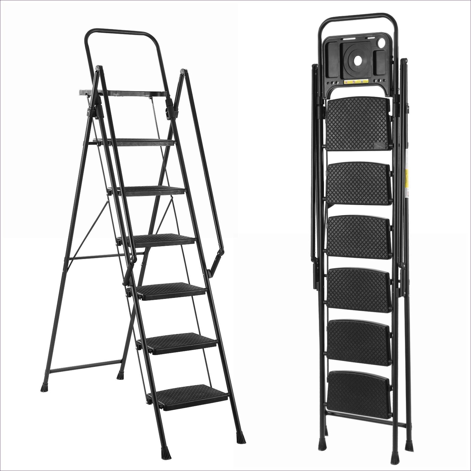 Watnature  6-Level Matte Black Folding Steel Step Stool Ladder Anti-Slip Wide Pedals Detachable Tool Tray Lightweight Portable for Indoor Outdoor Home Use